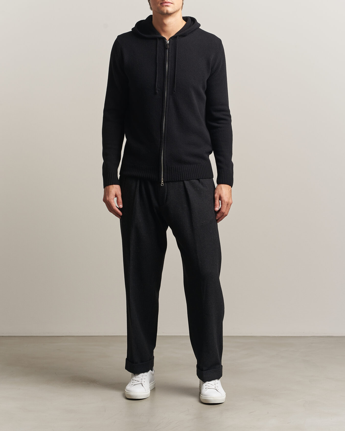 Hombres | Jerséis y prendas de punto | Stenströms | Brushed Merino Full-Zip Hood Black