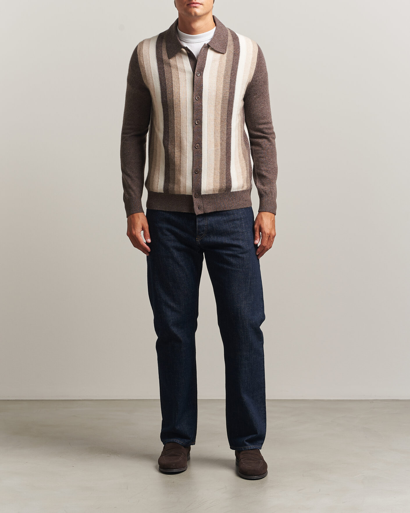 Hombres | Jerséis y prendas de punto | Stenströms | Cashmere Striped Polo Cardigan Brown
