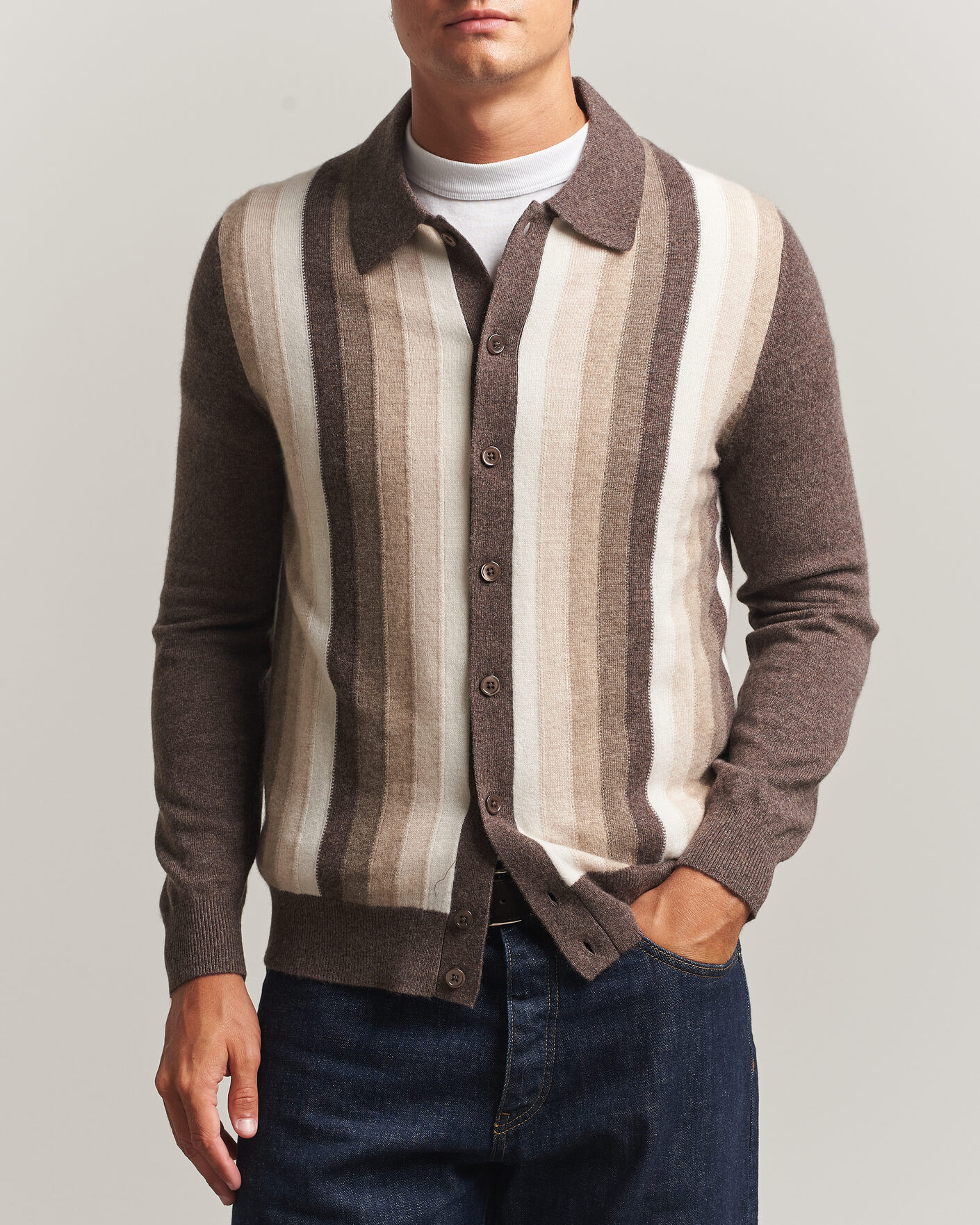 Hombres | Jerséis y prendas de punto | Stenströms | Cashmere Striped Polo Cardigan Brown