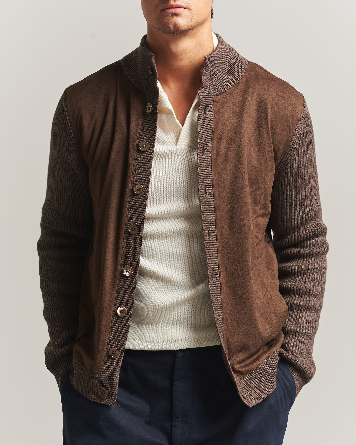 Hombres | Jerséis y prendas de punto | Stenströms | Knitted Hybrid Alcantara Jacket Brown