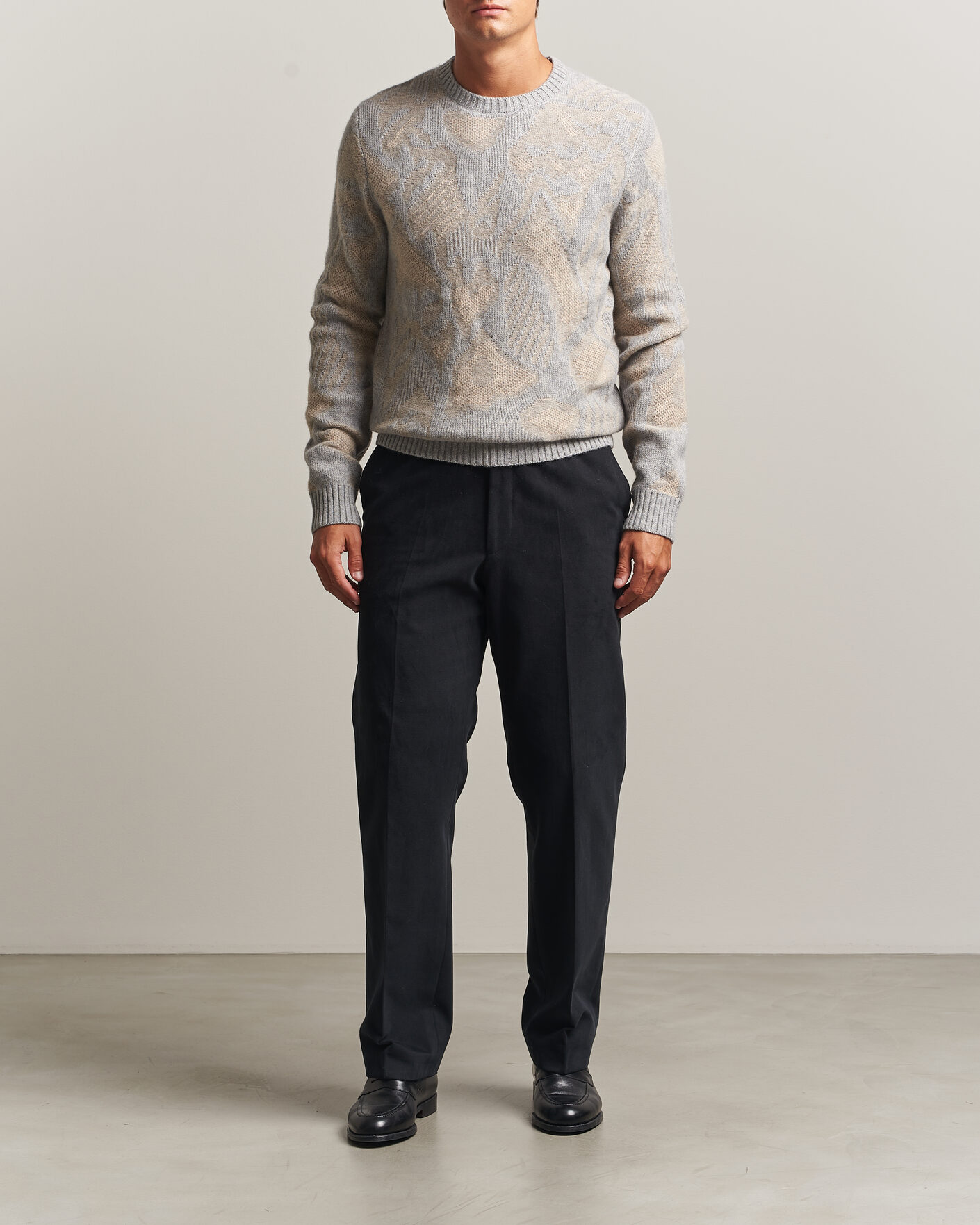 Hombres | Jerséis y prendas de punto | Stenströms | Knitted Jaquard Yak/Merino Sweater Beige Grey
