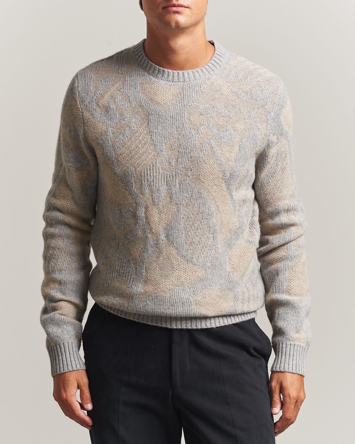 Hombres | Jerséis y prendas de punto | Stenströms | Knitted Jaquard Yak/Merino Sweater Beige Grey