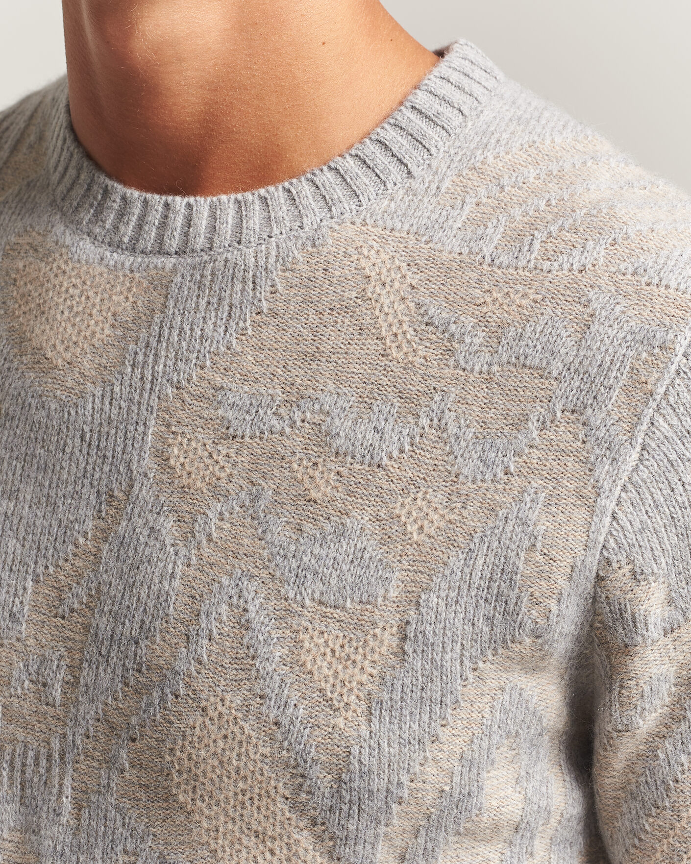 Hombres | Jerséis y prendas de punto | Stenströms | Knitted Jaquard Yak/Merino Sweater Beige Grey