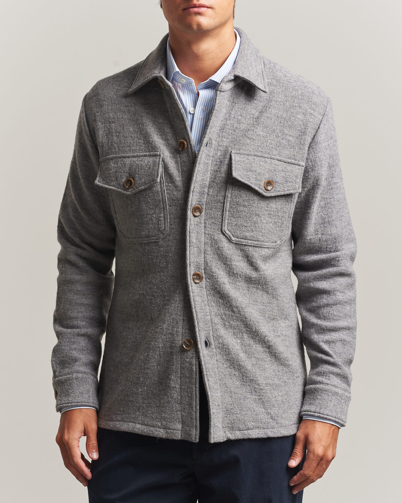 Hombres | Camisas | Stenströms | Felted Wool Overshirt Grey