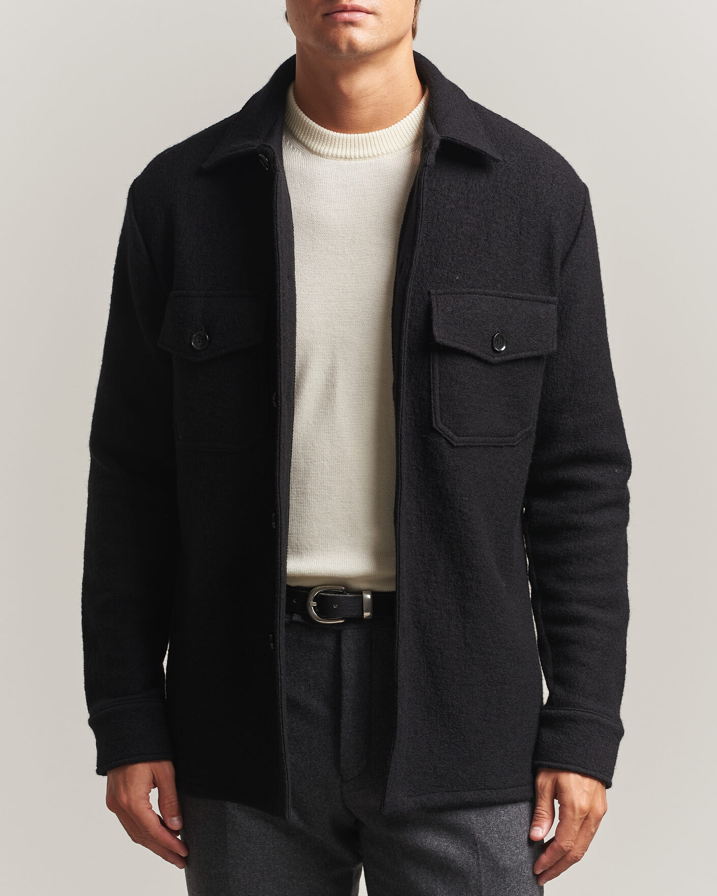 Hombres | Camisas | Stenströms | Felted Wool Overshirt Black