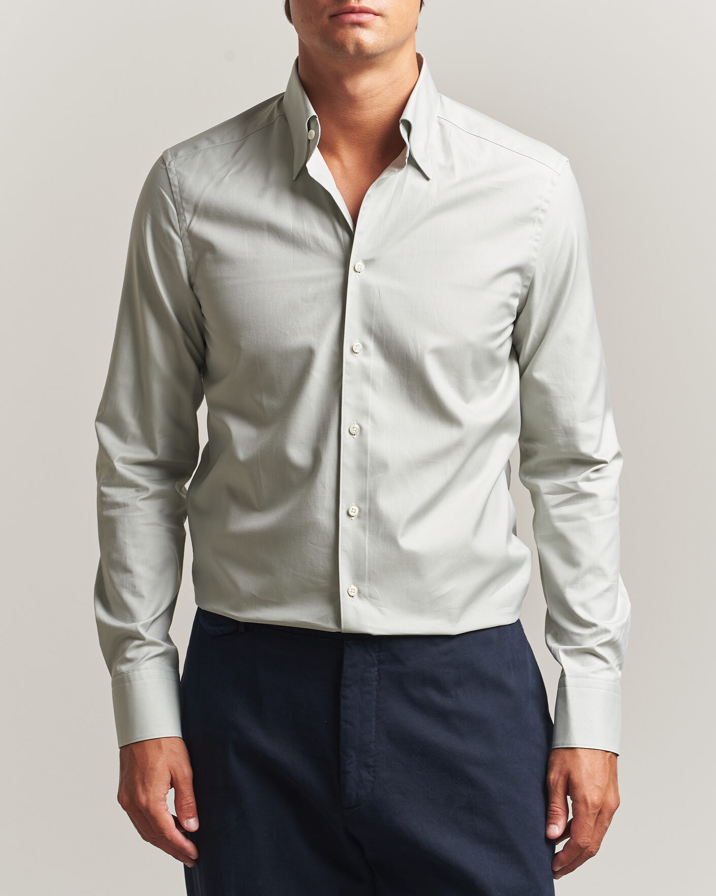 Hombres | Camisas | Stenströms | Slimline Twofold Cotton Button Under Shirt Green