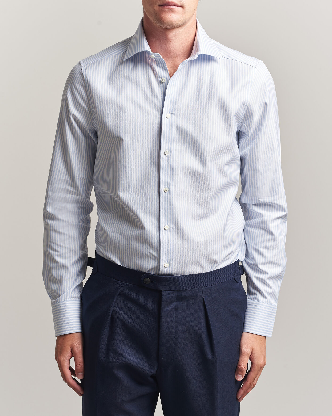 Hombres | Camisas | Stenströms | Slimline Twofold Cotton Stripe Shirt Light Blue