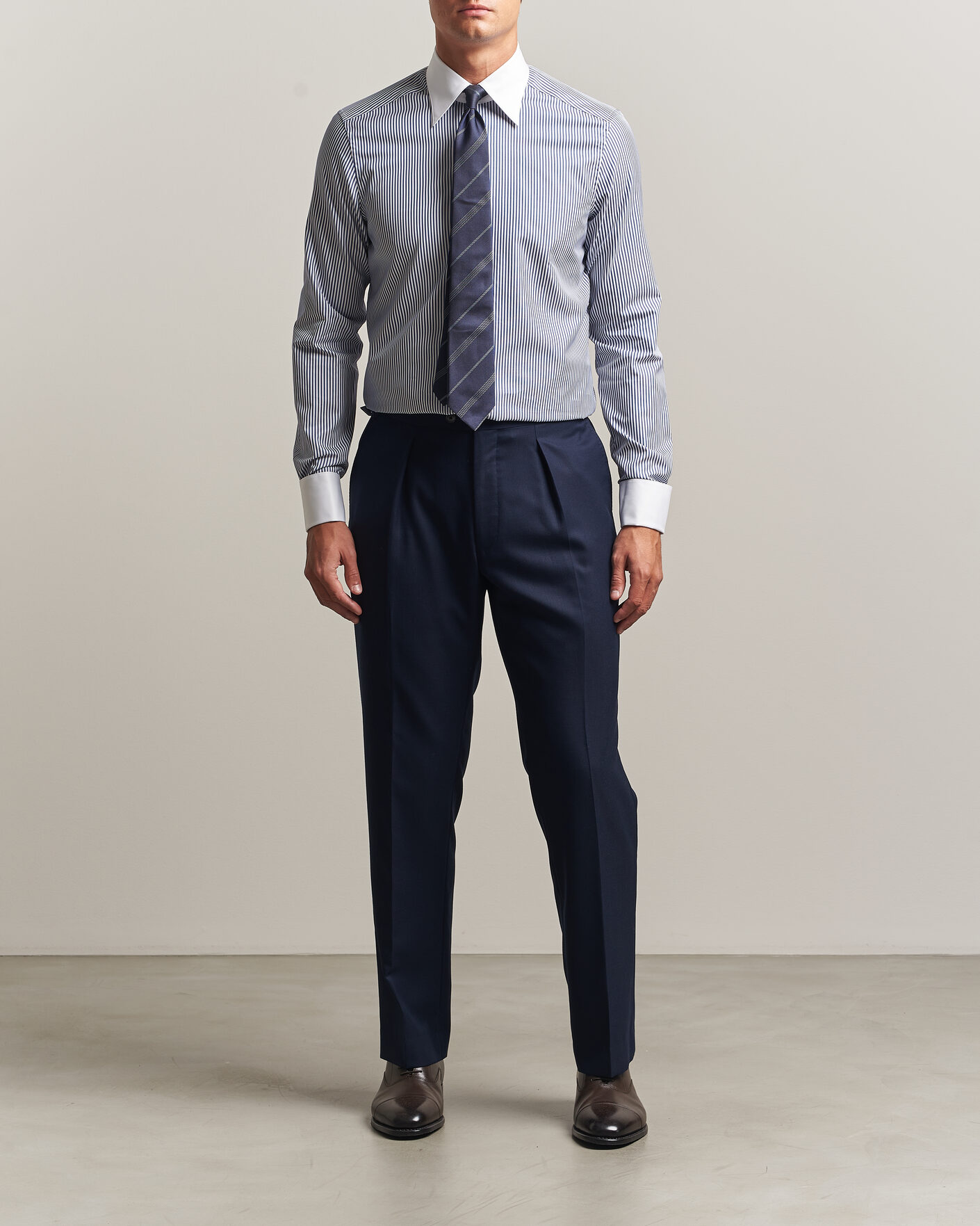 Hombres | Camisas | Stenströms | Slimline White Collar Stripe Whinchester Shirt Blue