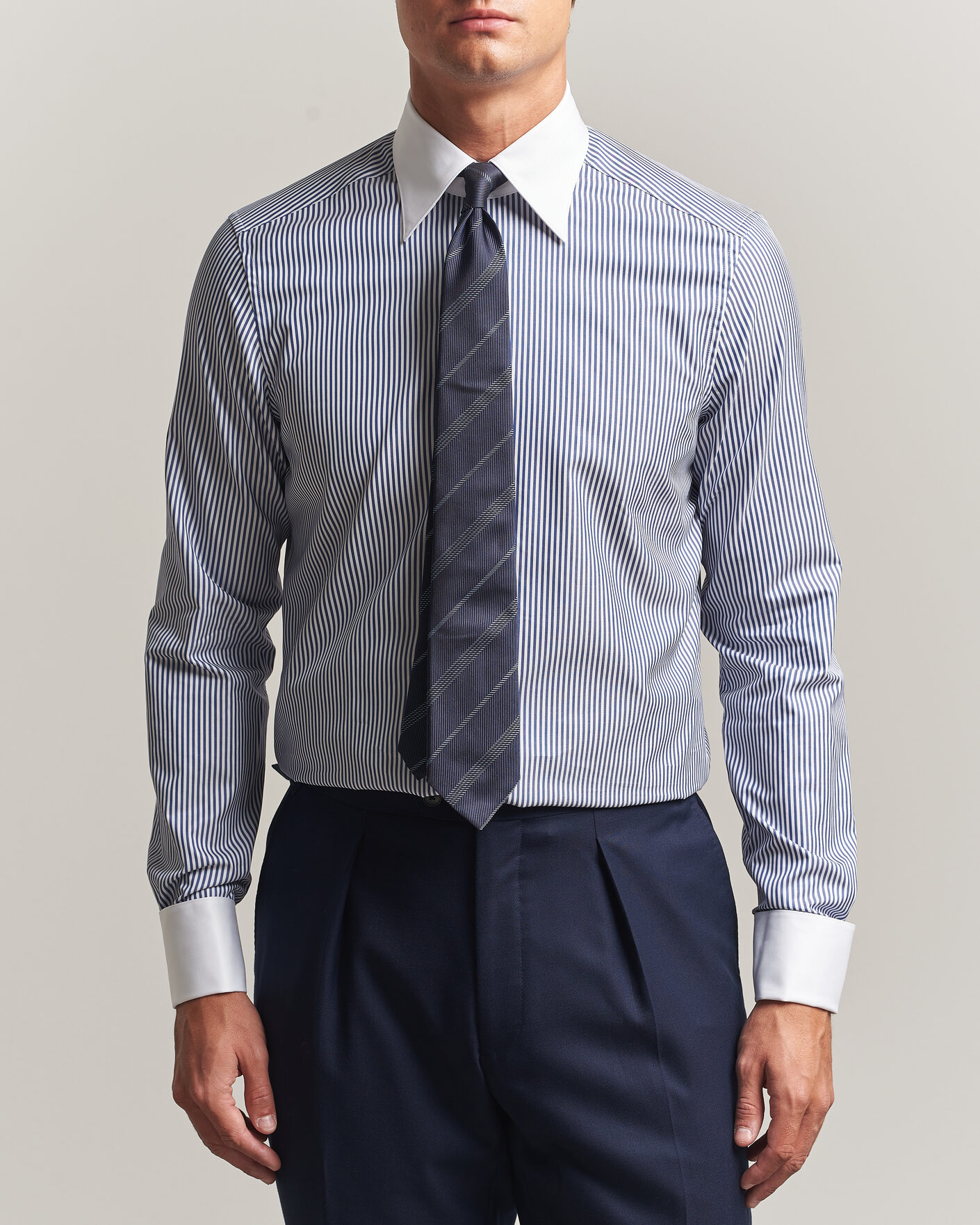 Hombres | Camisas | Stenströms | Slimline White Collar Stripe Whinchester Shirt Blue