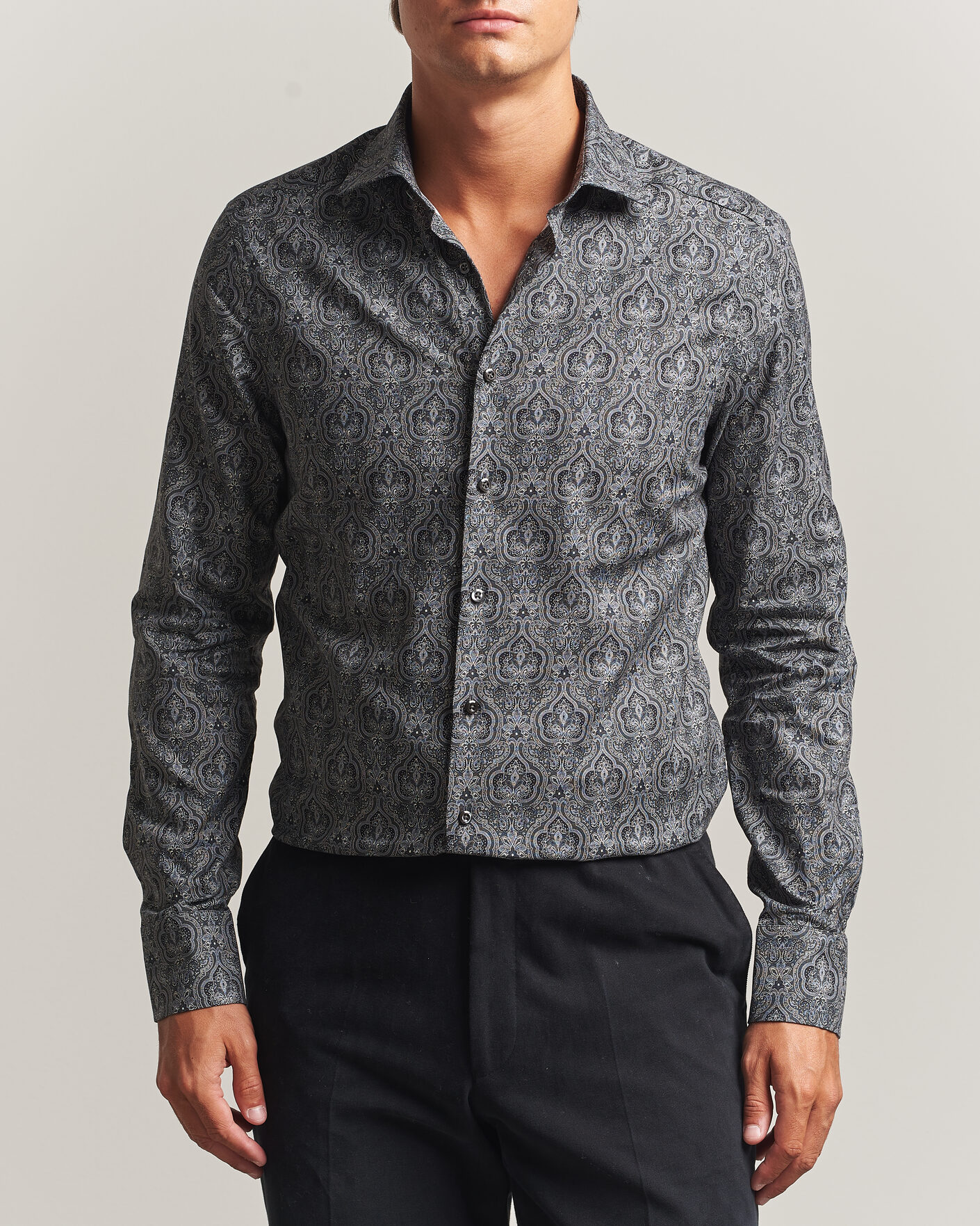 Hombres | Camisas | Stenströms | Slimline Paisley Print Cut Away Shirt Grey