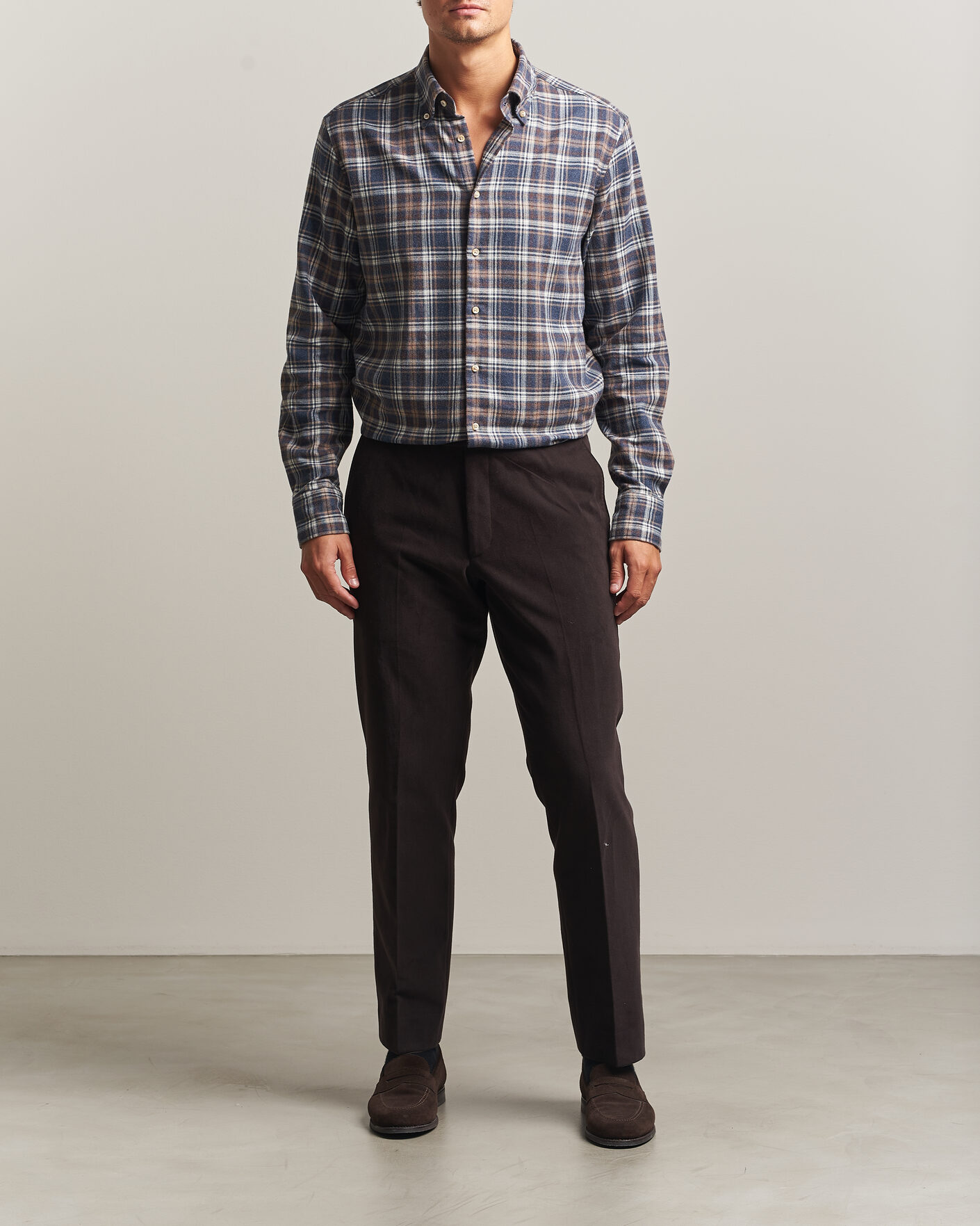 Hombres | Camisas | Stenströms | Regular Fit Check Cut Away Flannel Shirt Navy