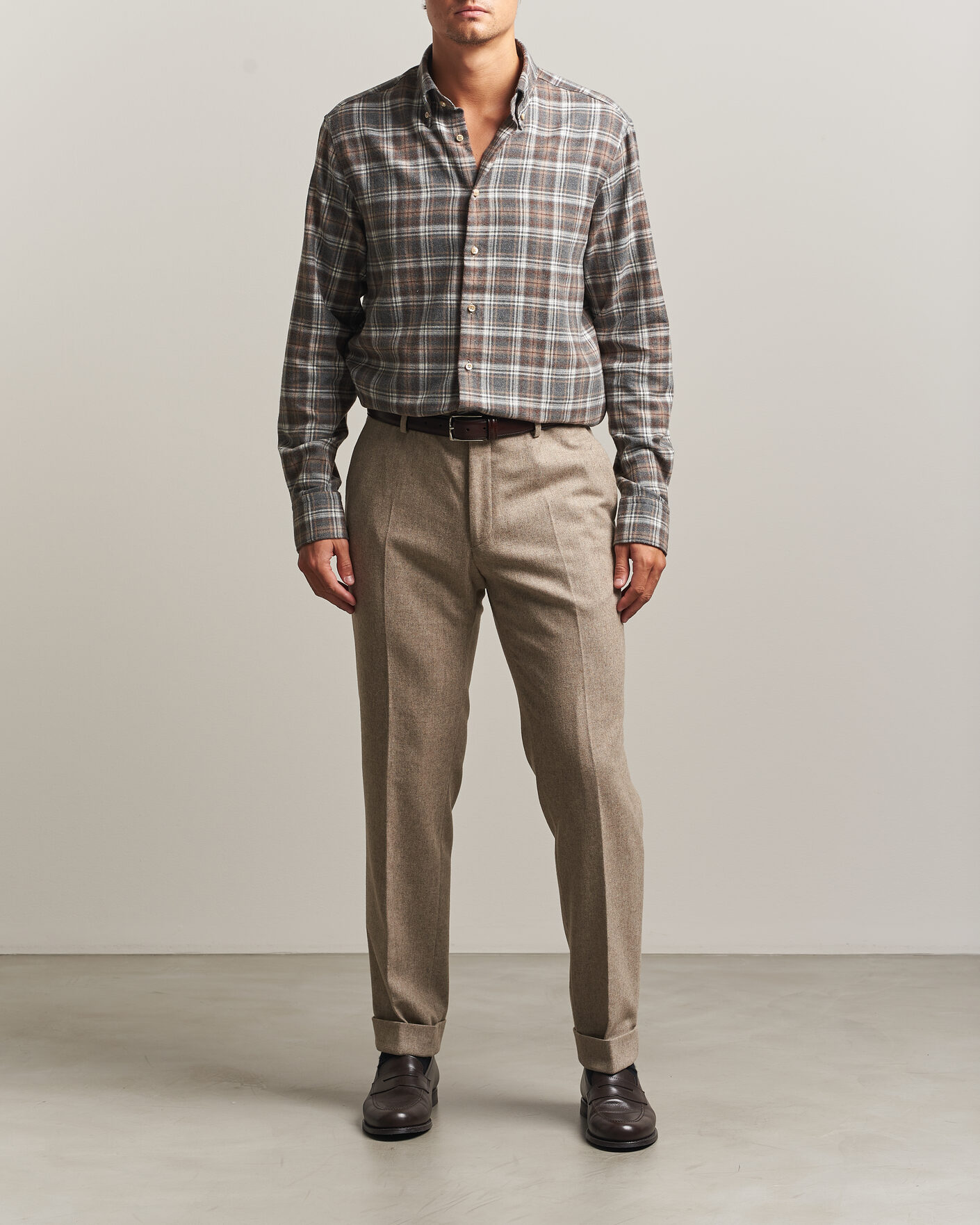 Hombres | Camisas | Stenströms | Regular Fit Check Cut Away Flannel Shirt Brown