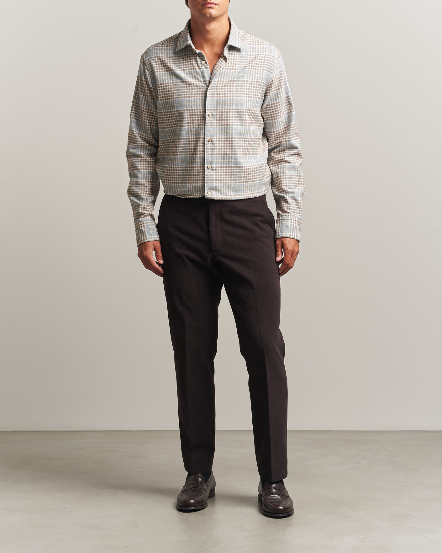 Hombres | Camisas | Stenströms | Regular Fit Overcheck Flannel Shirt Light Brown