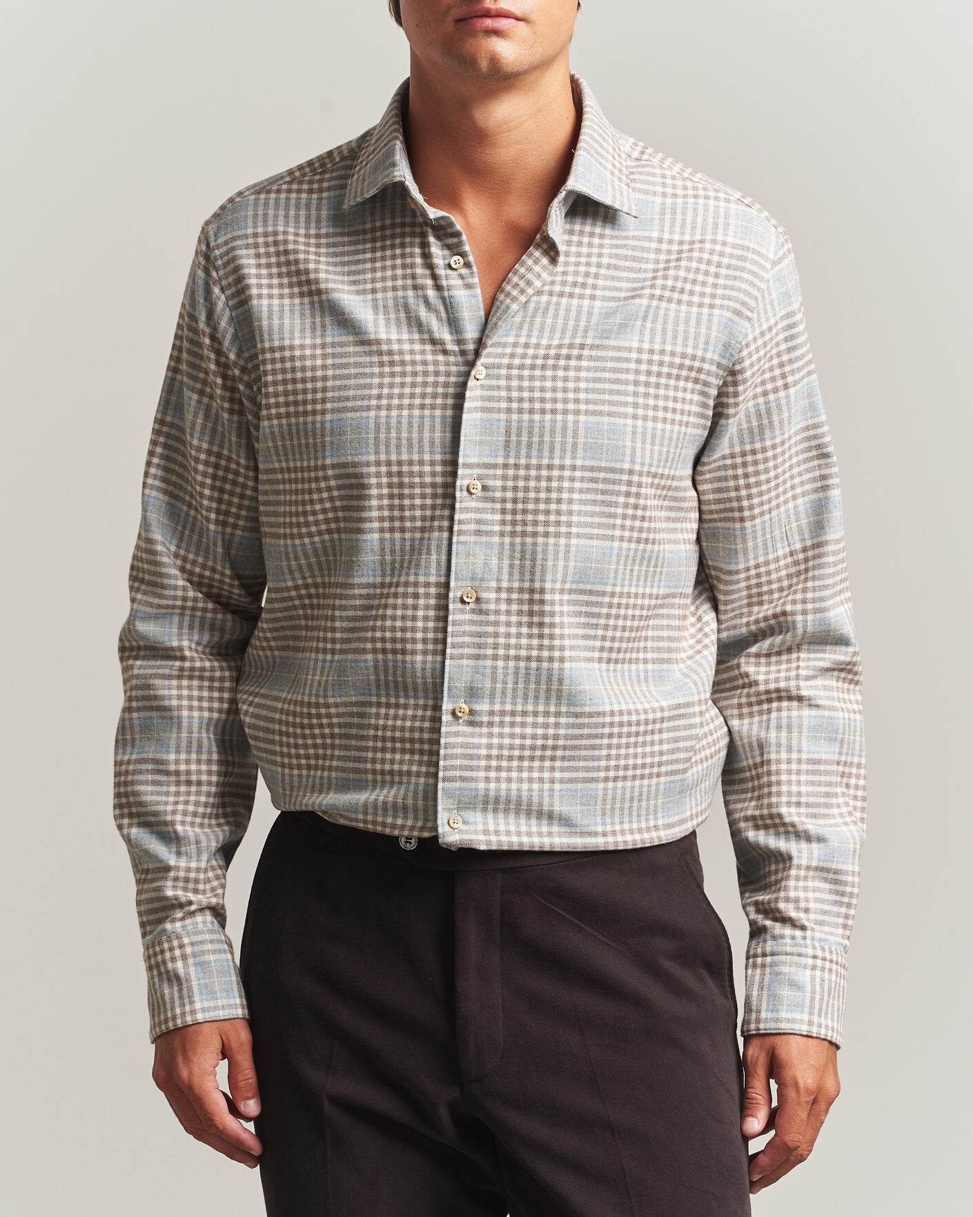 Hombres | Camisas | Stenströms | Regular Fit Overcheck Flannel Shirt Light Brown