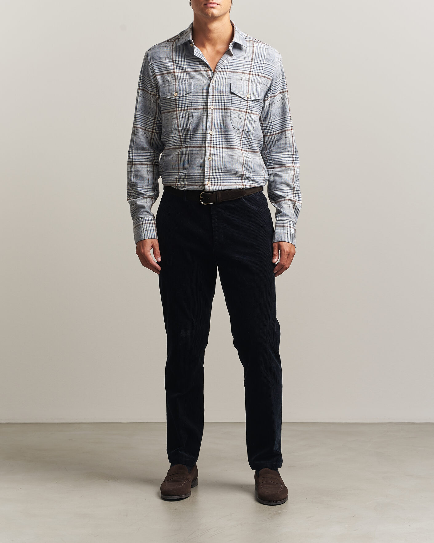 Hombres | Camisas | Stenströms | Regular Fit Front Pocket Flannel Shirt Blue