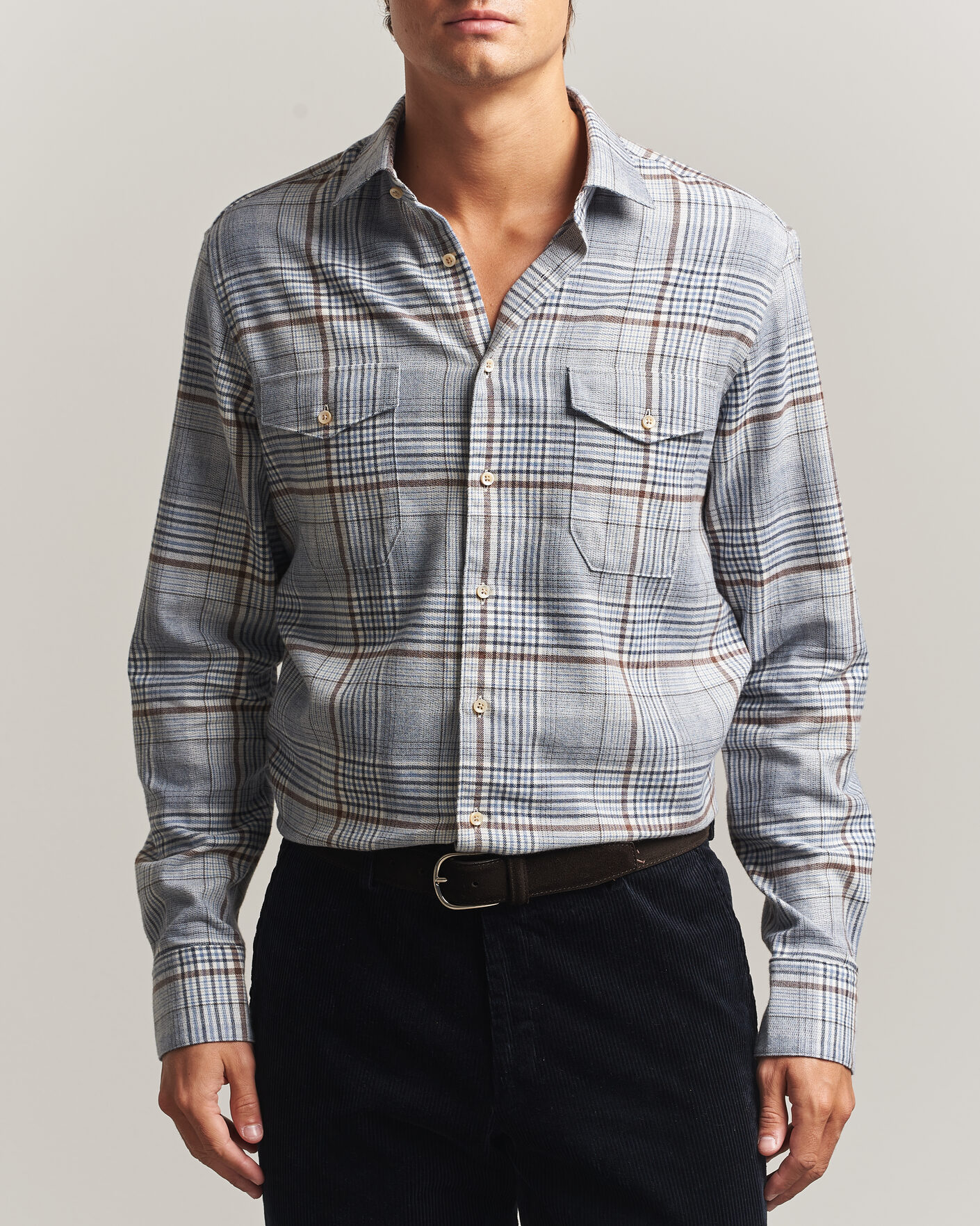 Hombres | Camisas | Stenströms | Regular Fit Front Pocket Flannel Shirt Blue