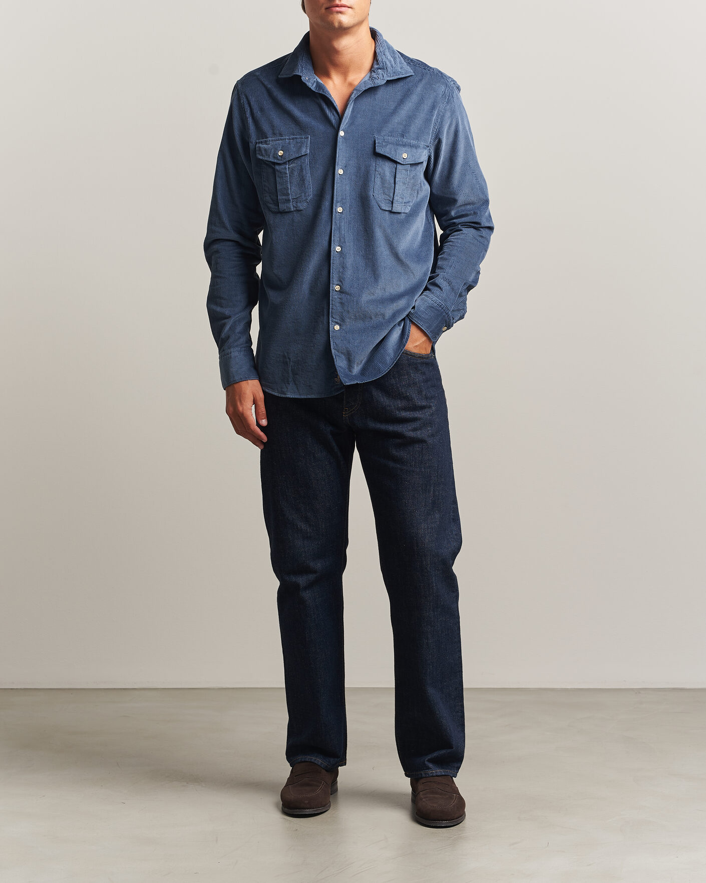 Hombres | Camisas | Stenströms | Regular Fit Cord Pocket Shirt Blue