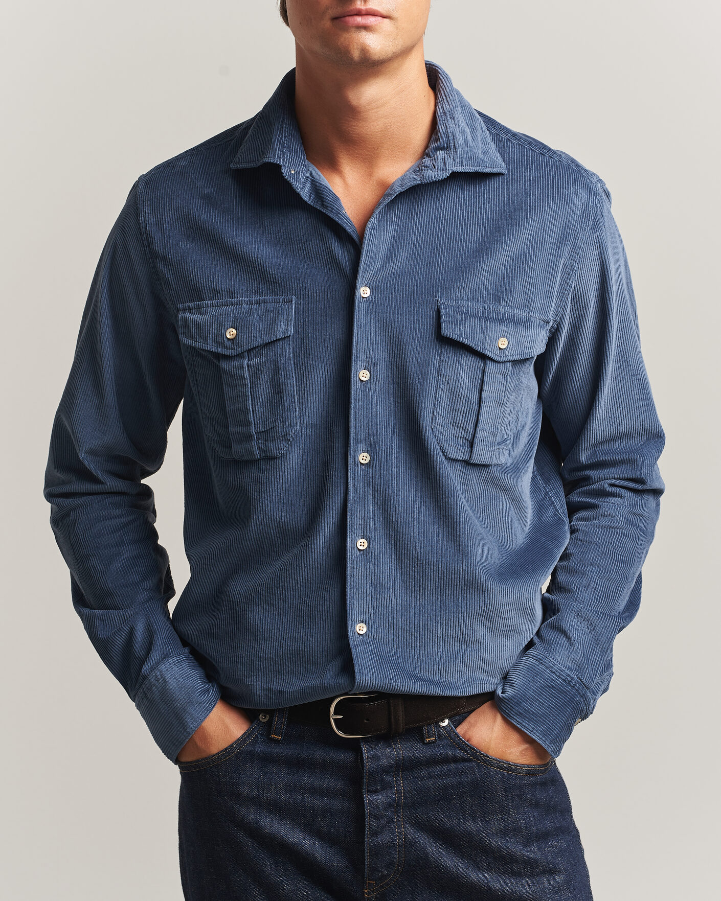 Hombres | Camisas | Stenströms | Regular Fit Cord Pocket Shirt Blue
