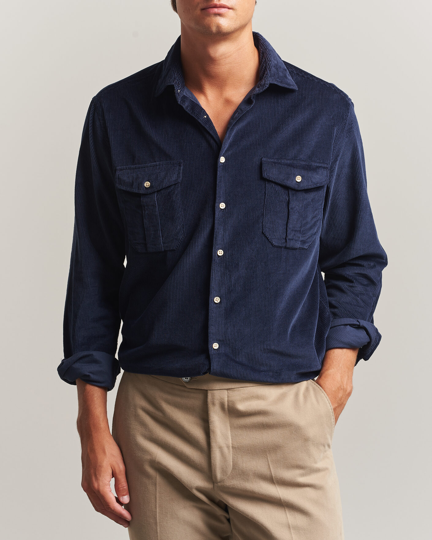 Hombres | Camisas | Stenströms | Regular Fit Cord Pocket Shirt Navy