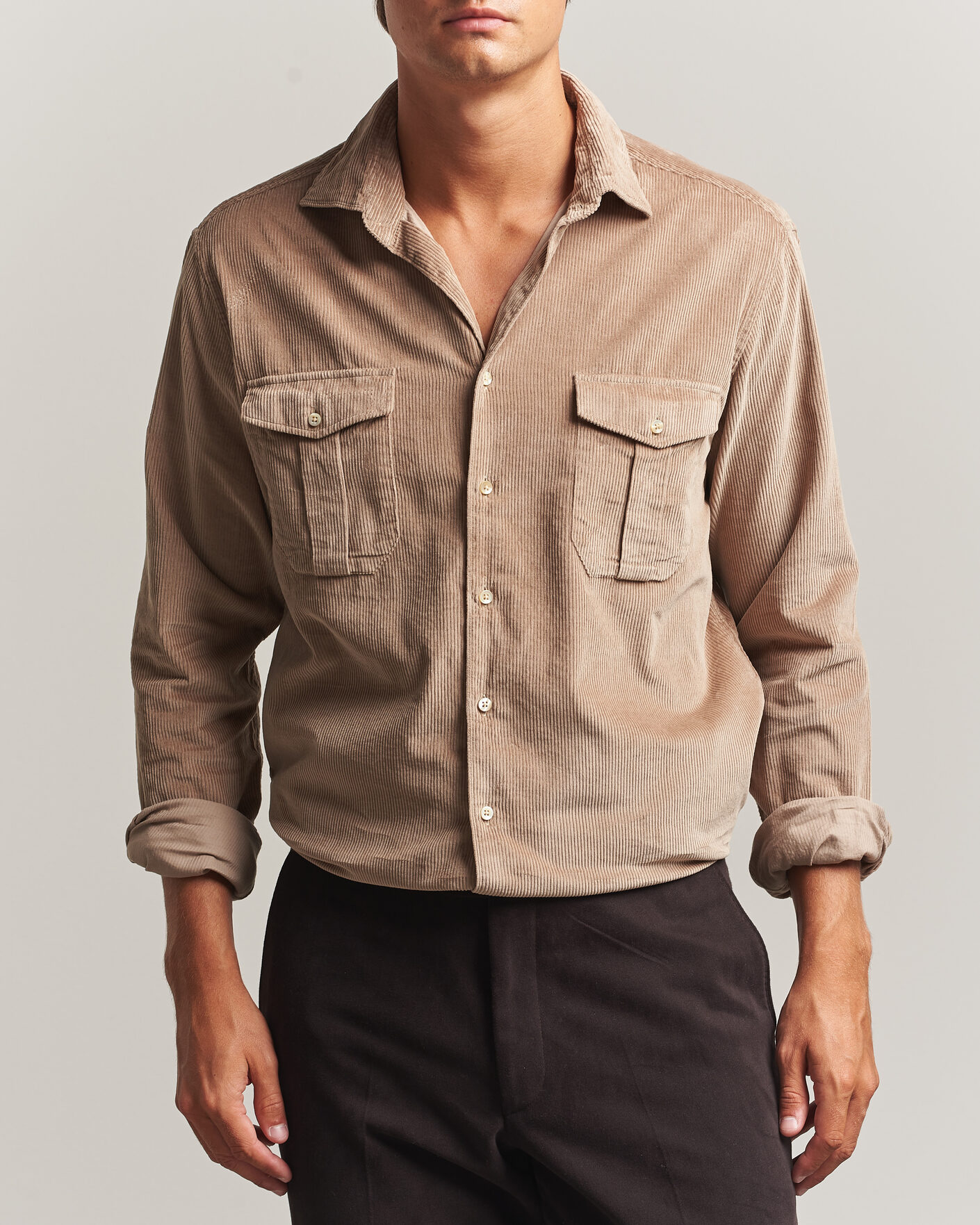 Hombres | Camisas | Stenströms | Regular Fit Cord Pocket Shirt Light Brown