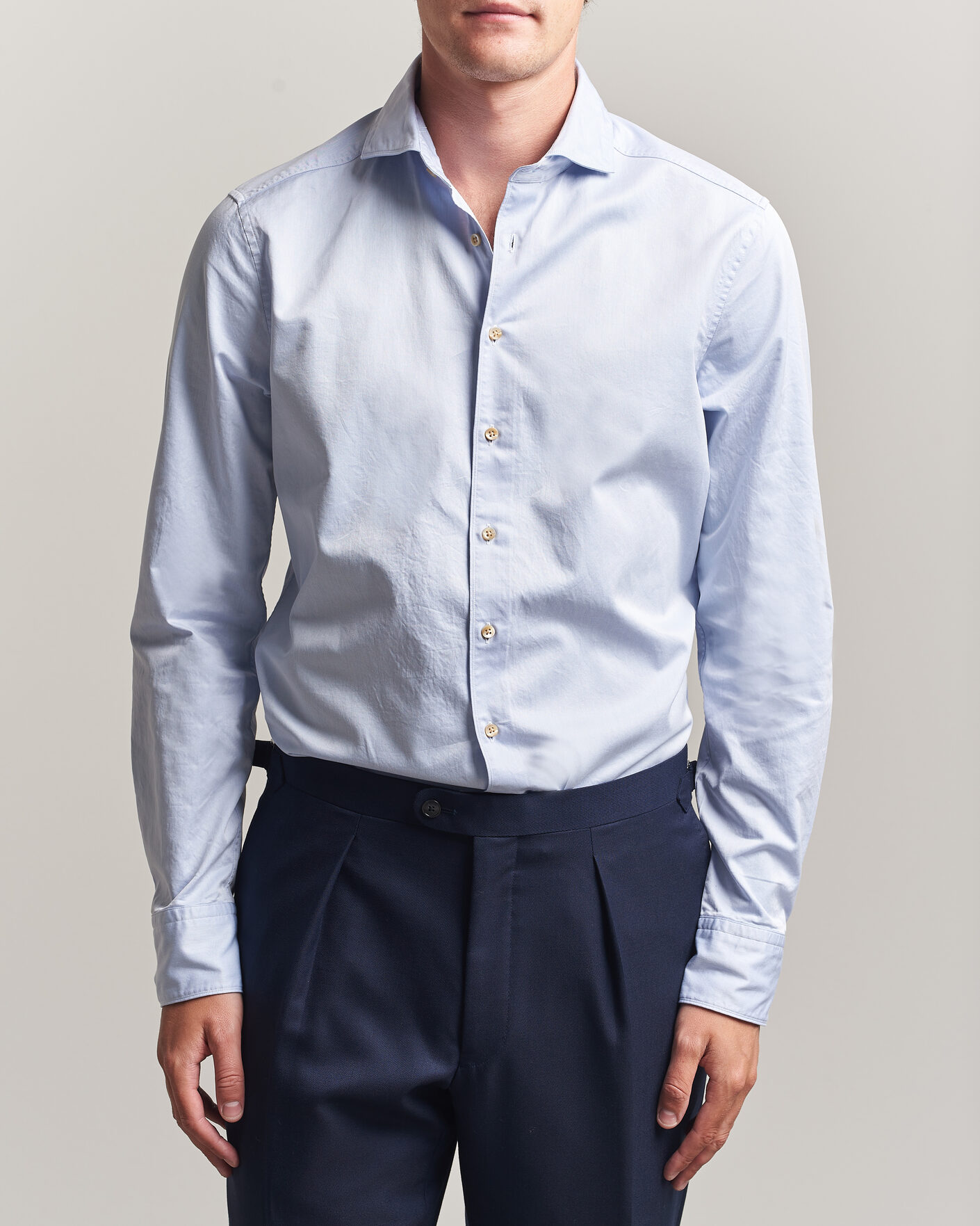 Hombres | Camisas | Stenströms | Slimline Washed Cotton Twill Cut Away Shirt Blue