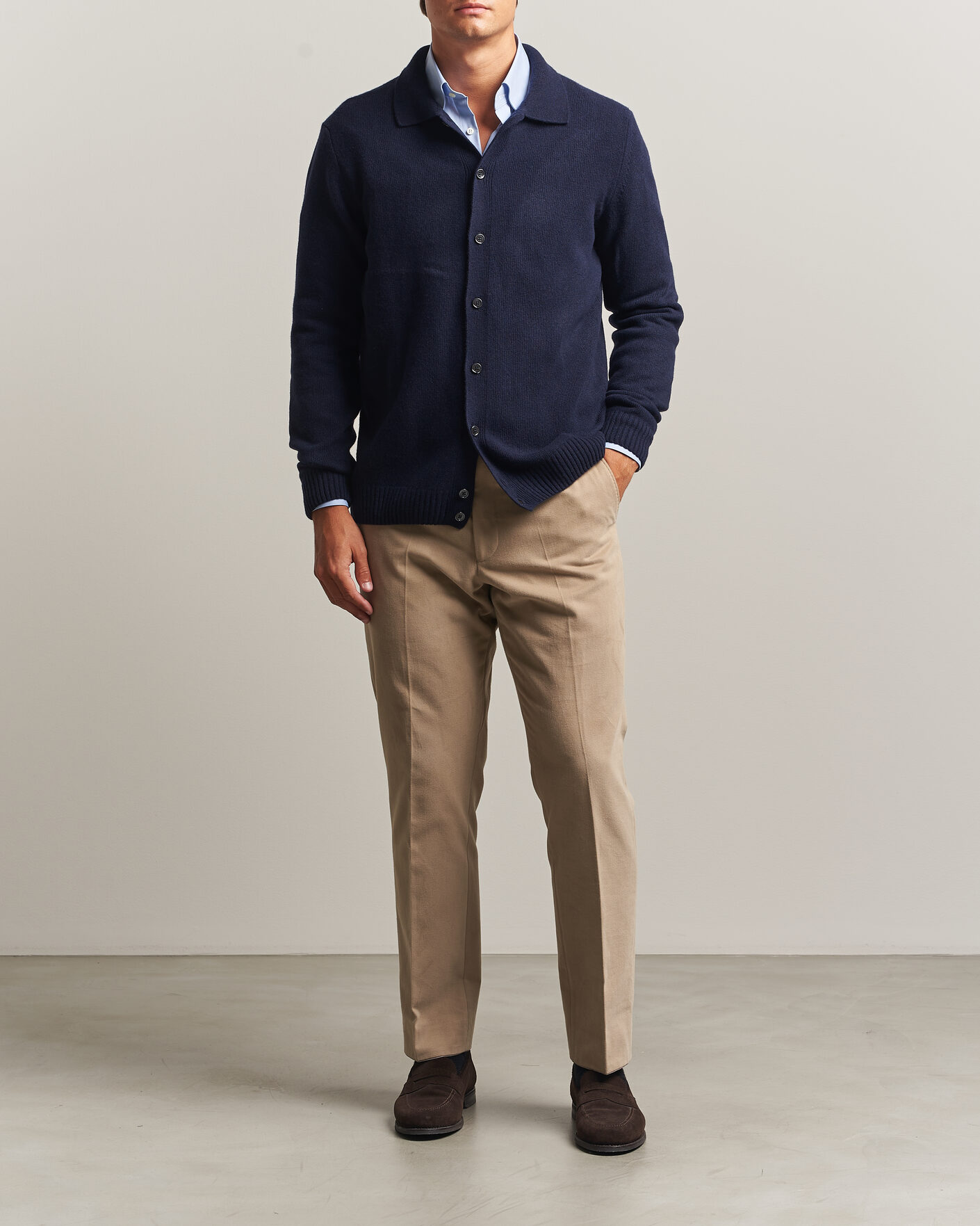 Hombres | Jerséis y prendas de punto | Stenströms | Brushed Merino Polo Cardigan Navy