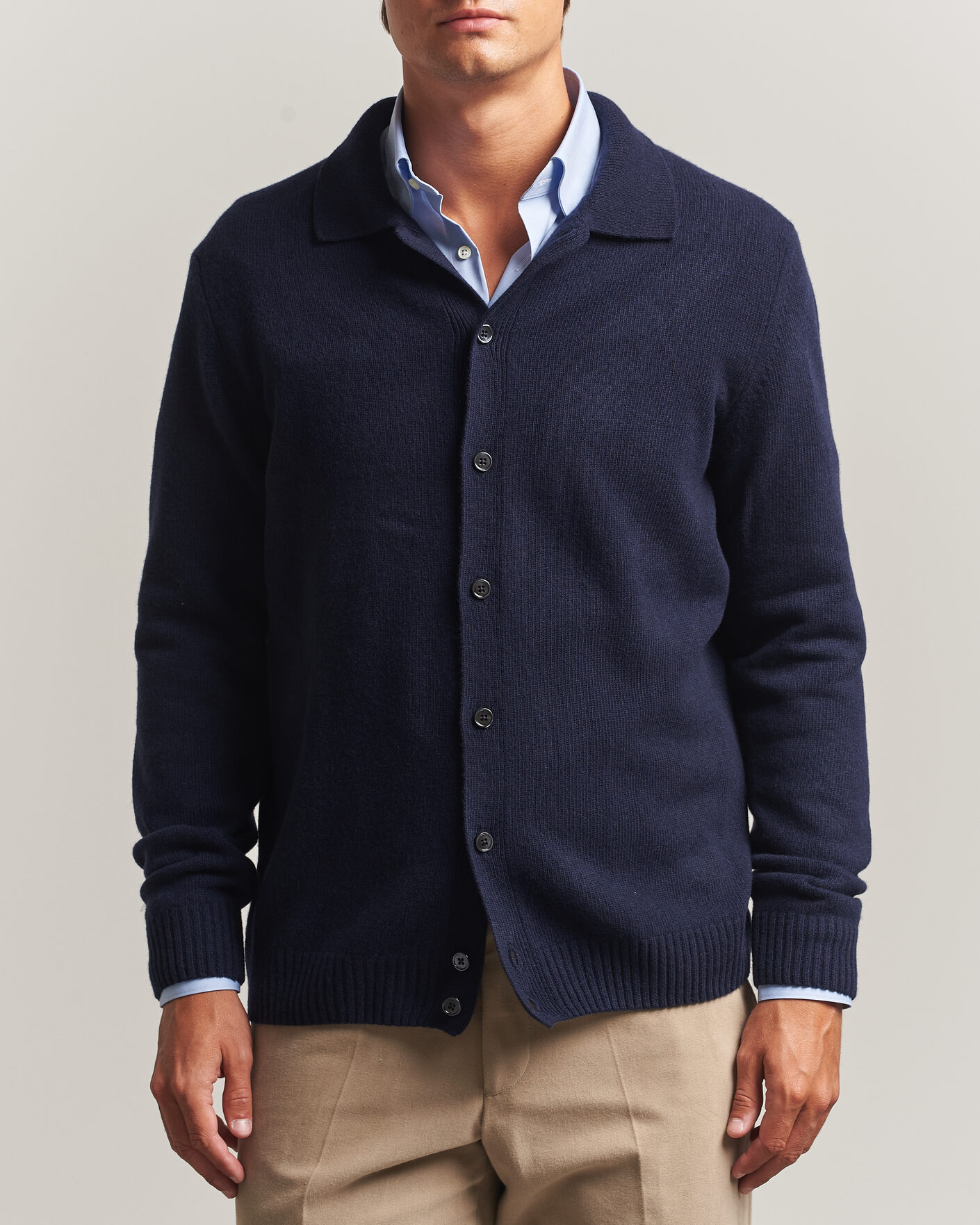 Hombres | Jerséis y prendas de punto | Stenströms | Brushed Merino Polo Cardigan Navy