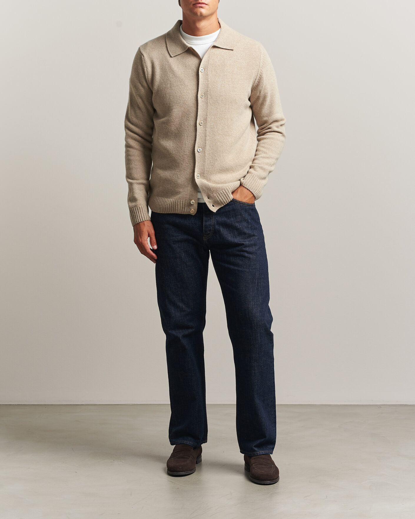 Hombres | Jerséis y prendas de punto | Stenströms | Brushed Merino Polo Cardigan Beige