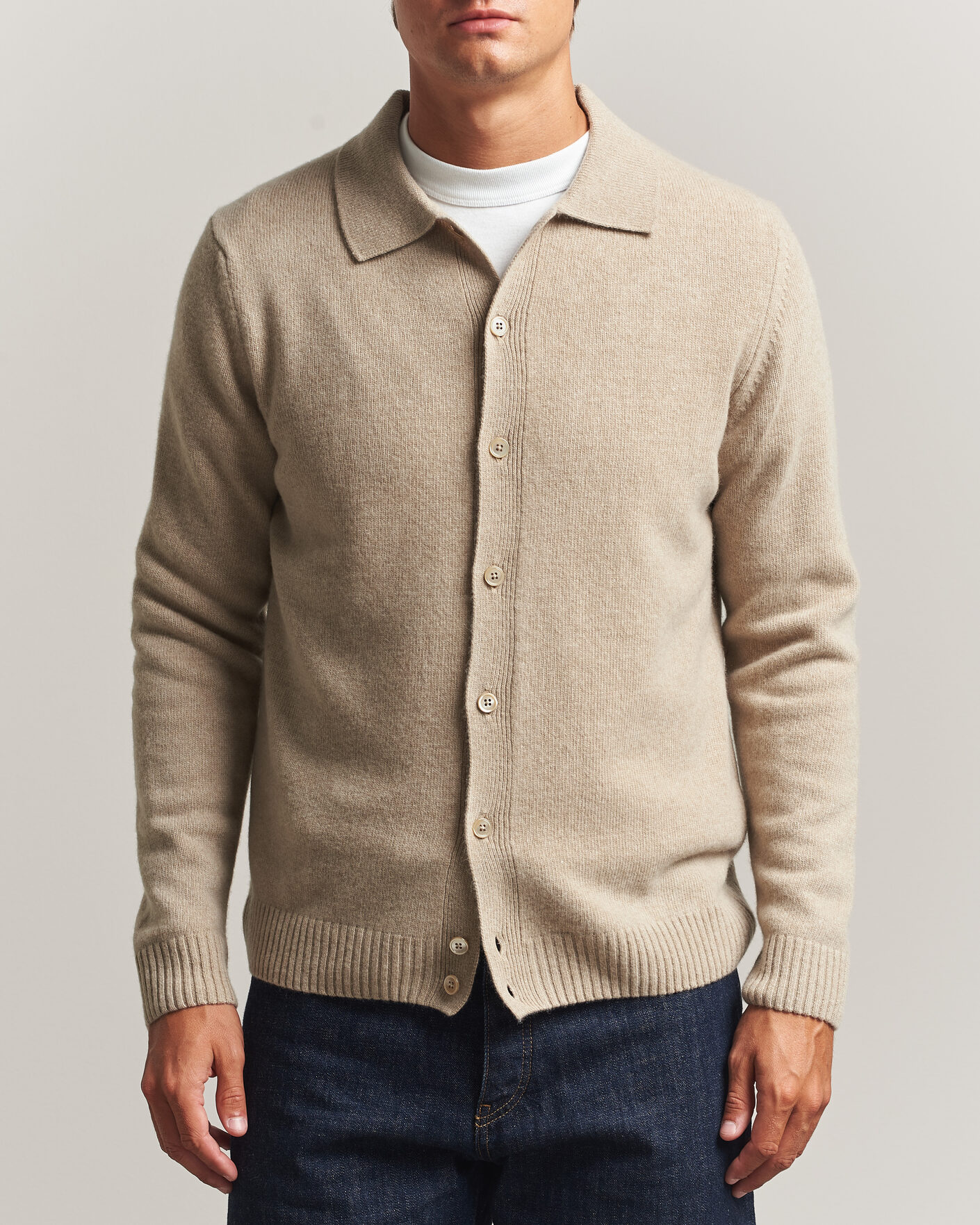 Hombres | Jerséis y prendas de punto | Stenströms | Brushed Merino Polo Cardigan Beige