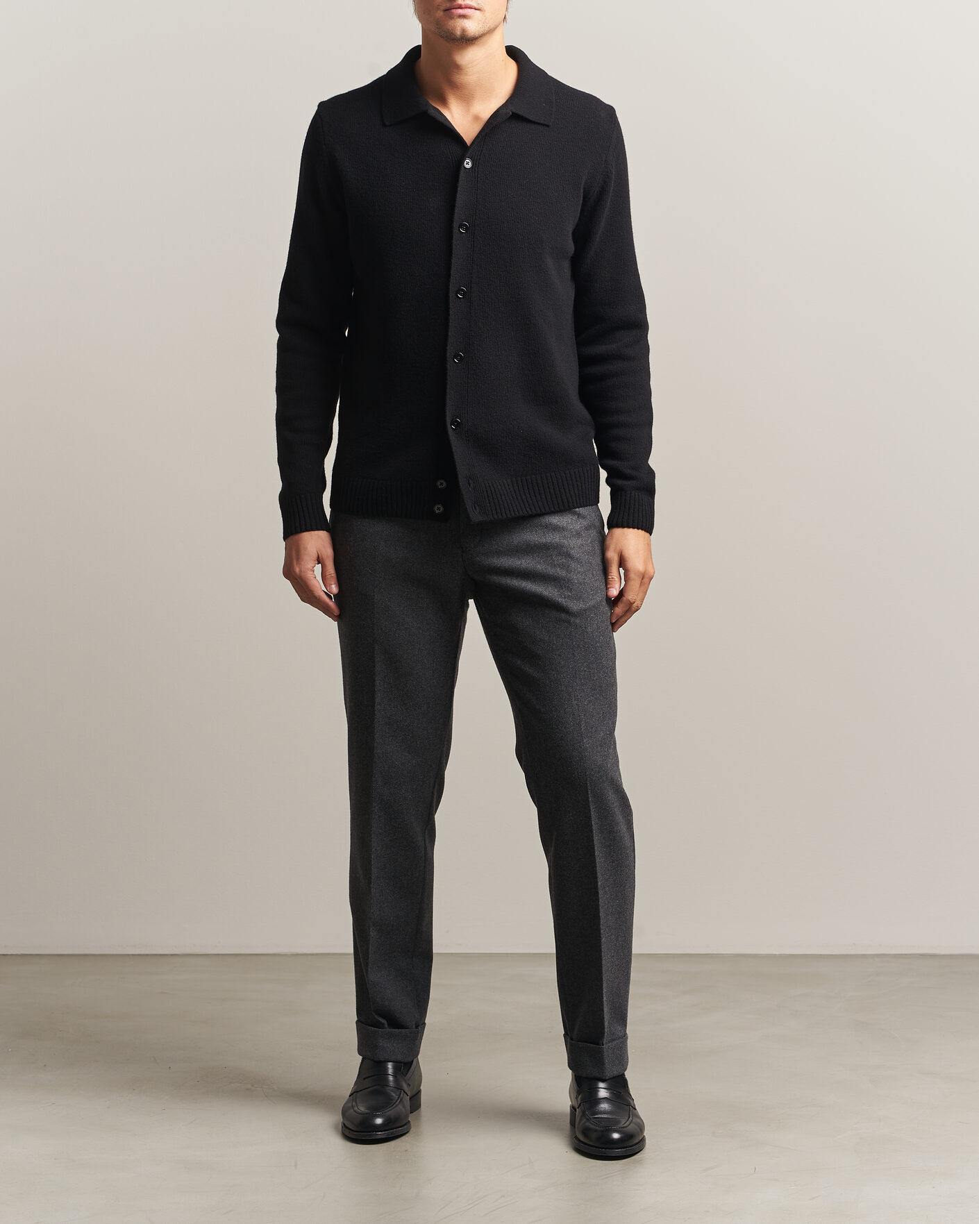 Hombres | Jerséis y prendas de punto | Stenströms | Brushed Merino Polo Cardigan Black