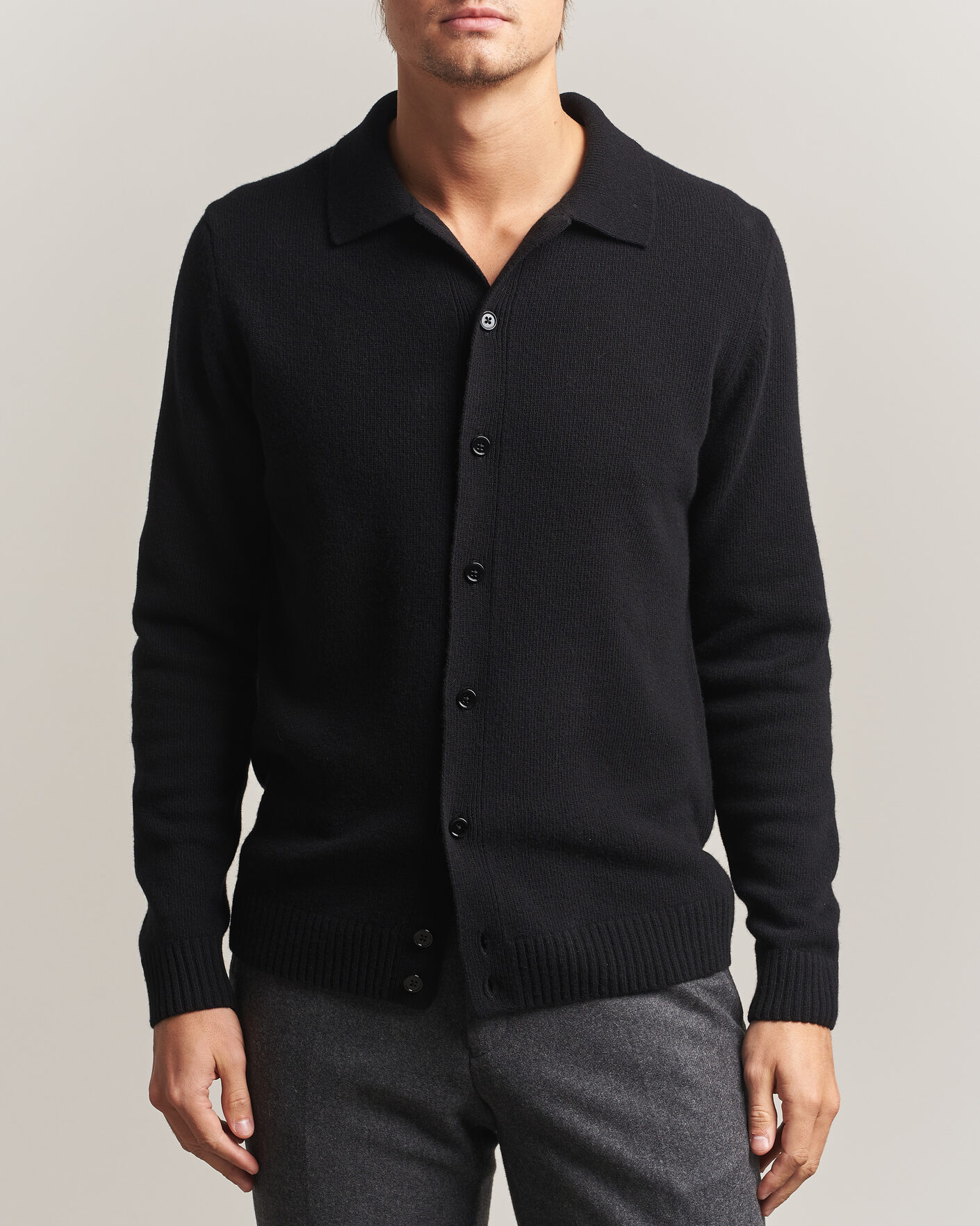 Hombres | Jerséis y prendas de punto | Stenströms | Brushed Merino Polo Cardigan Black