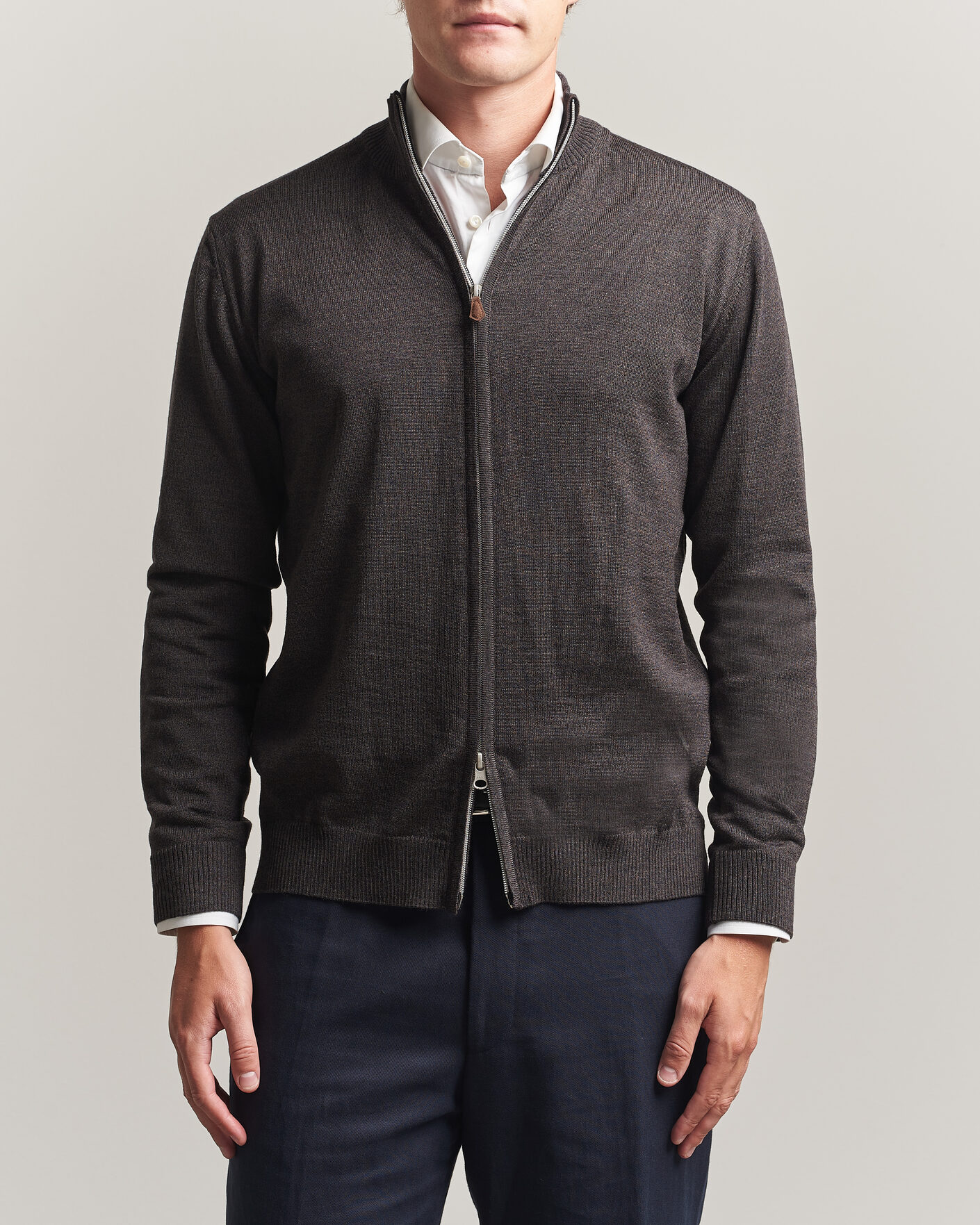 Hombres | Jerséis y prendas de punto | Stenströms | Merino Full Zip Dark Brown