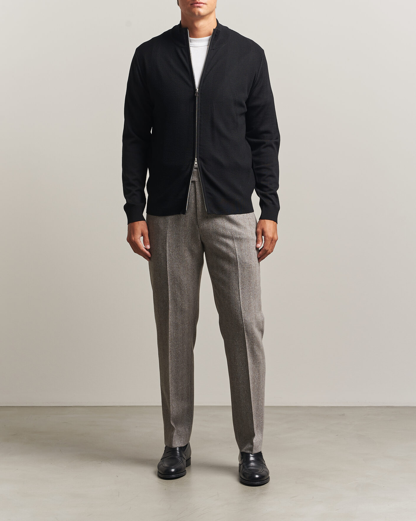 Hombres | Jerséis y prendas de punto | Stenströms | Merino Herringbone Full Zip Black