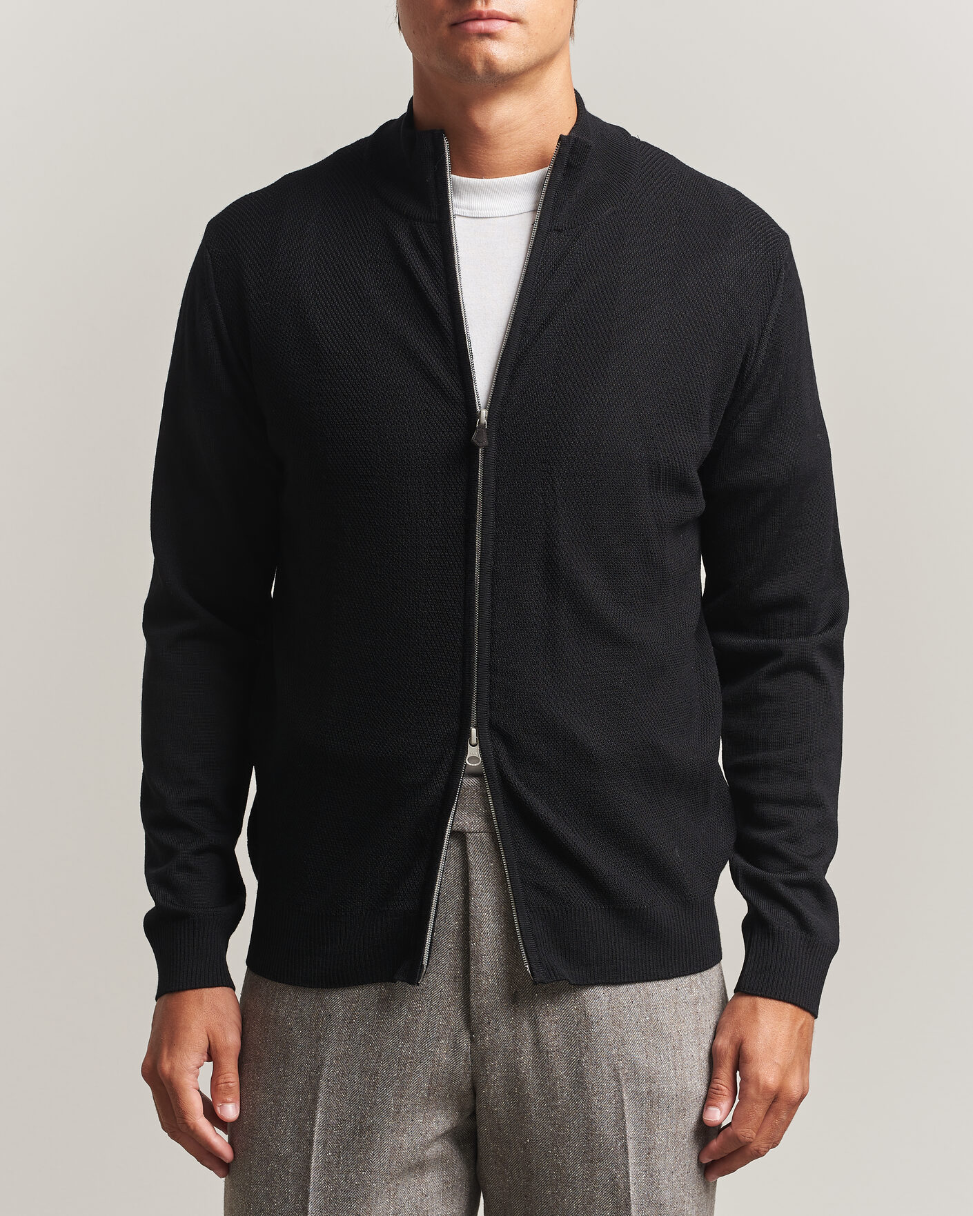 Hombres | Jerséis y prendas de punto | Stenströms | Merino Herringbone Full Zip Black