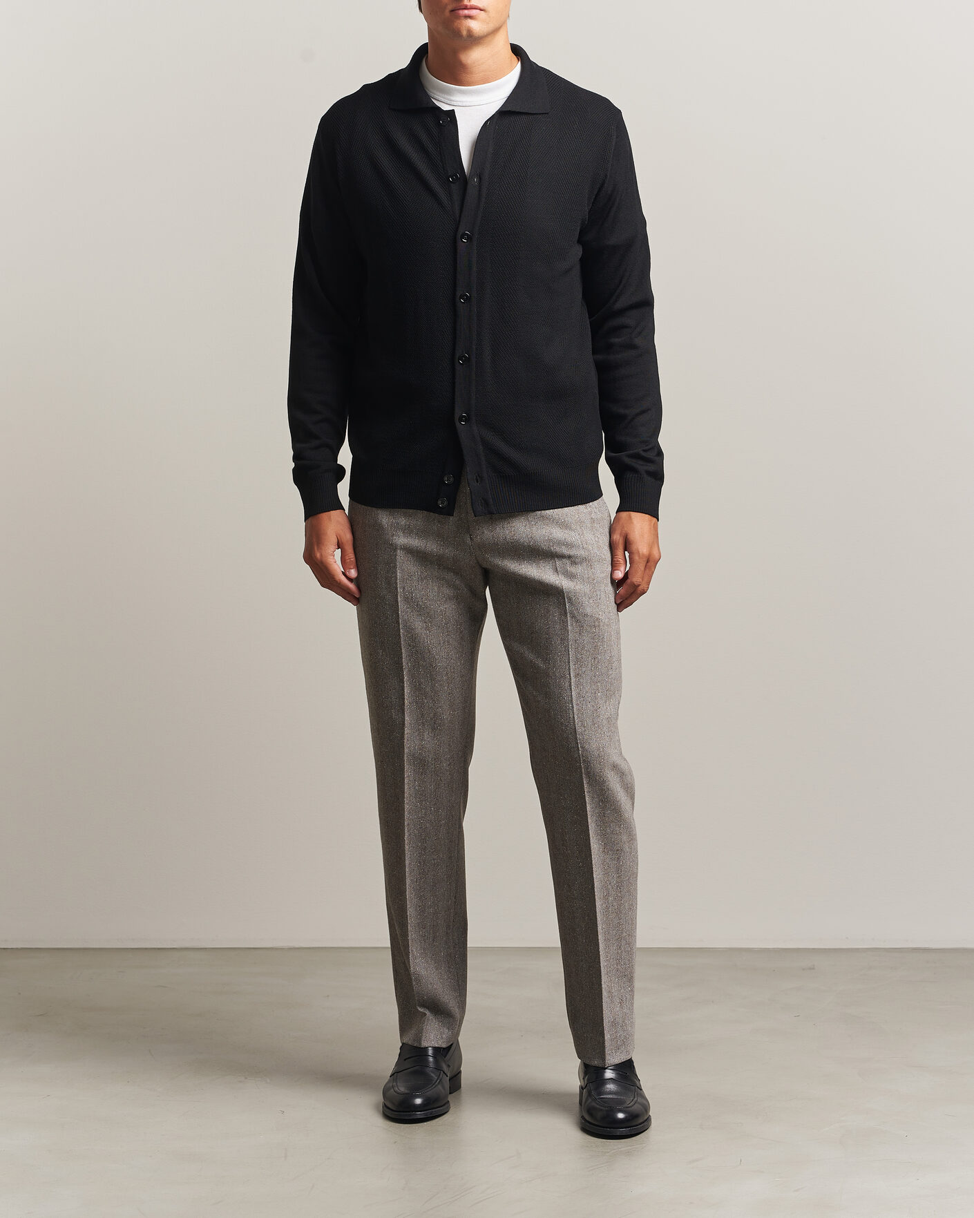 Hombres | Jerséis y prendas de punto | Stenströms | Merino Herringbone Polo Cardigan Black