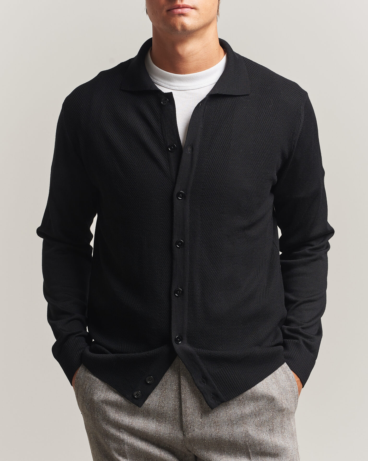 Hombres | Jerséis y prendas de punto | Stenströms | Merino Herringbone Polo Cardigan Black