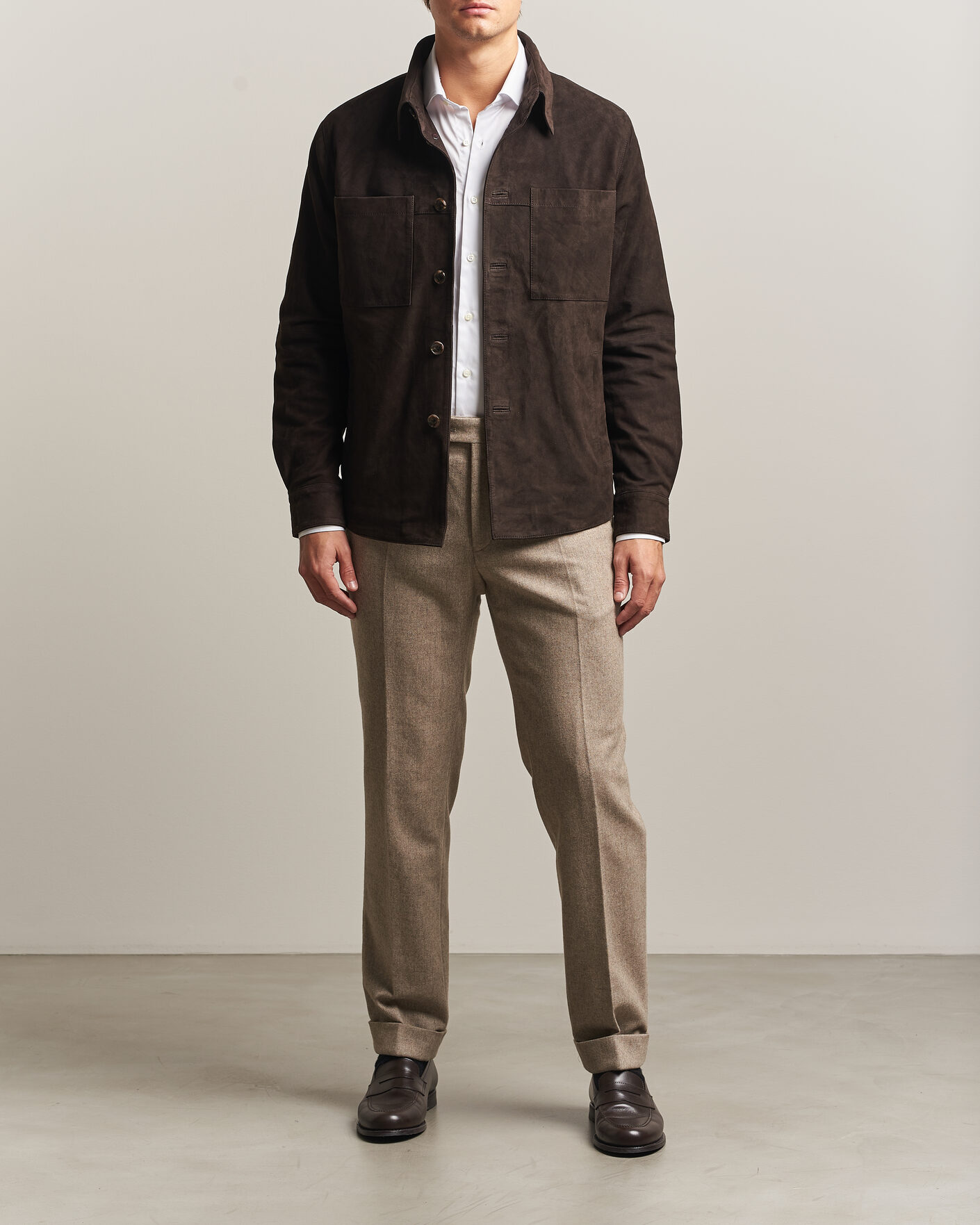 Hombres | Camisas | Stenströms | Goat Suede Overshirt Dark Brown