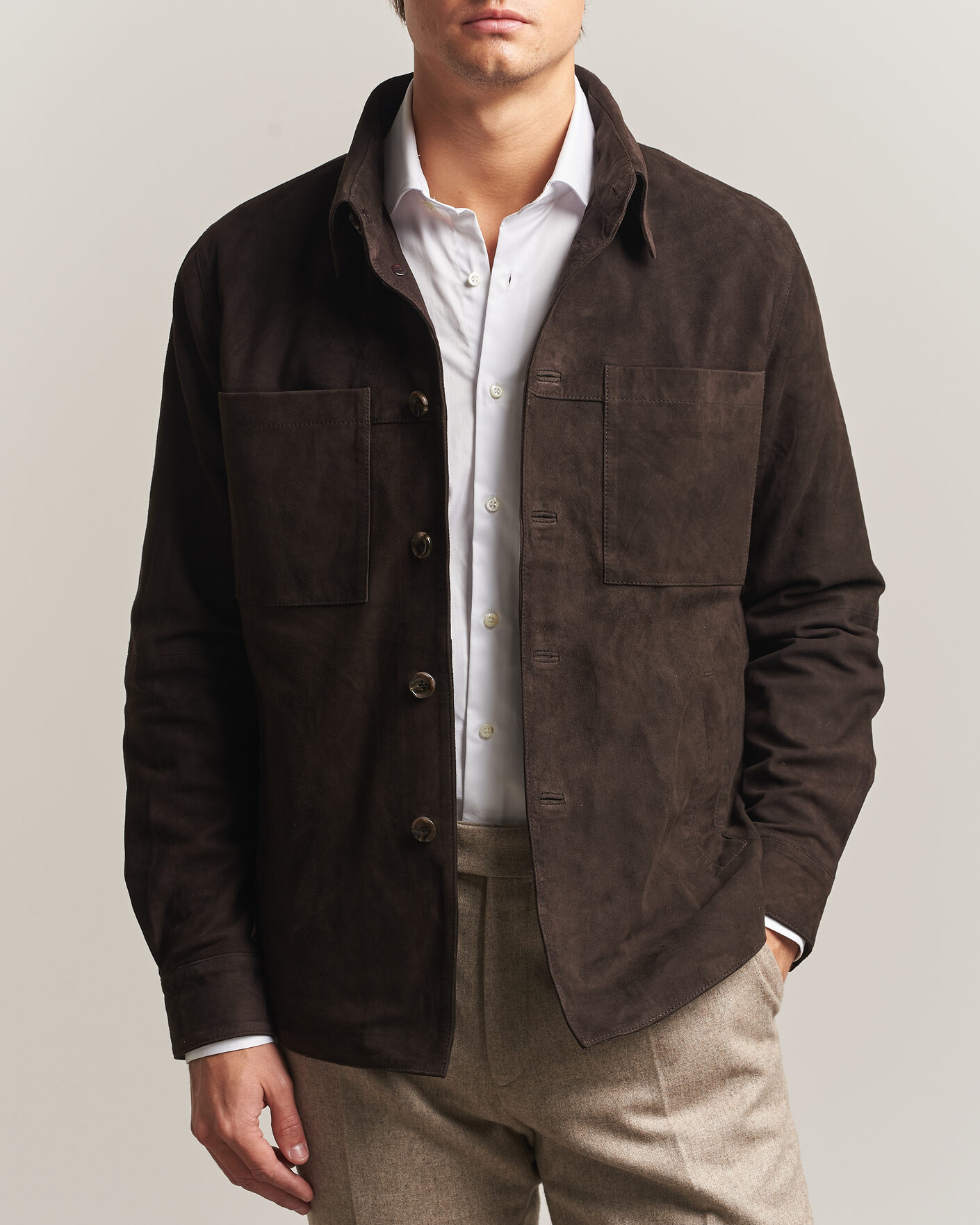 Hombres | Camisas | Stenströms | Goat Suede Overshirt Dark Brown