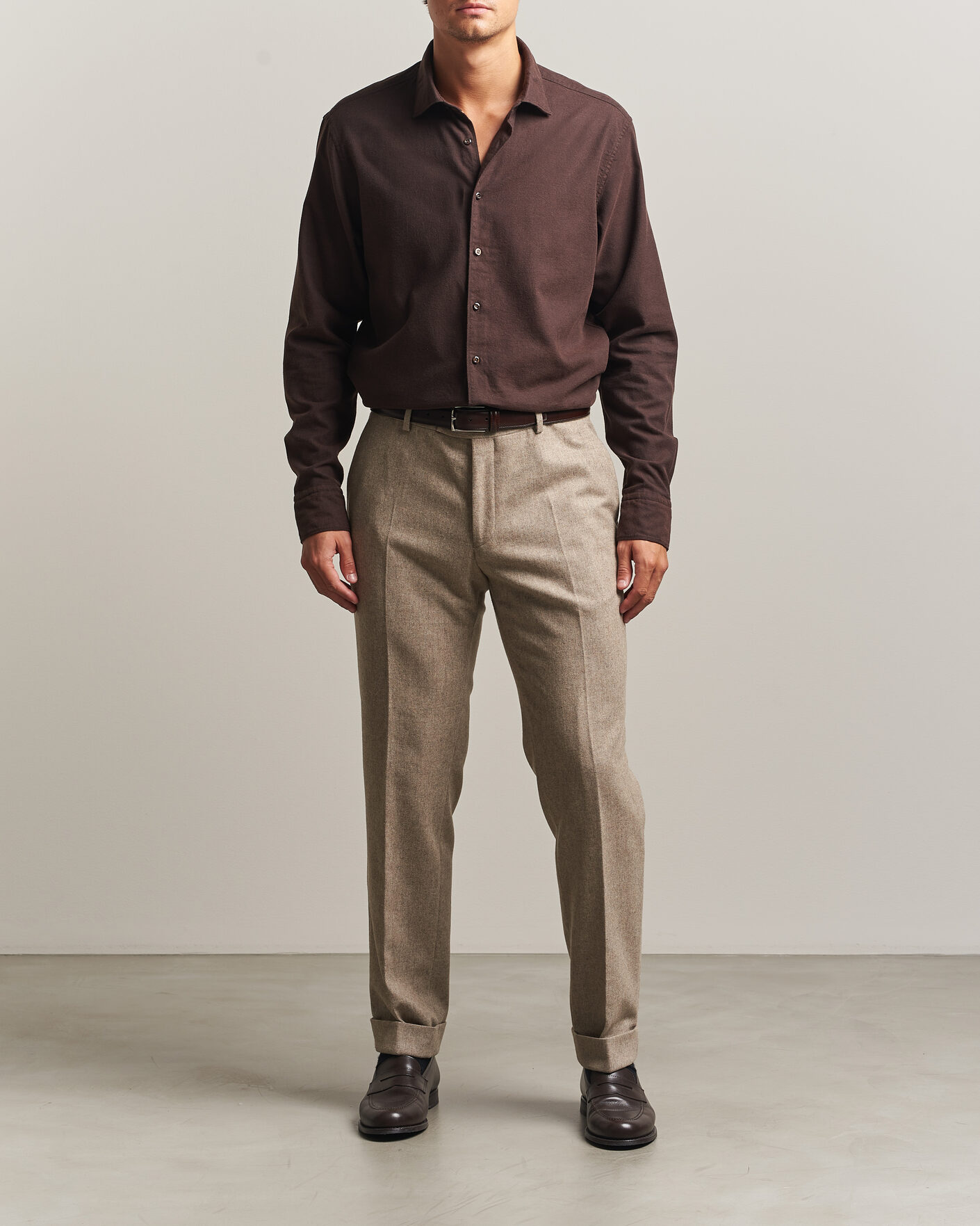 Hombres | Camisas | Stenströms | Regular Fit Cut Away Flannel Shirt Brown