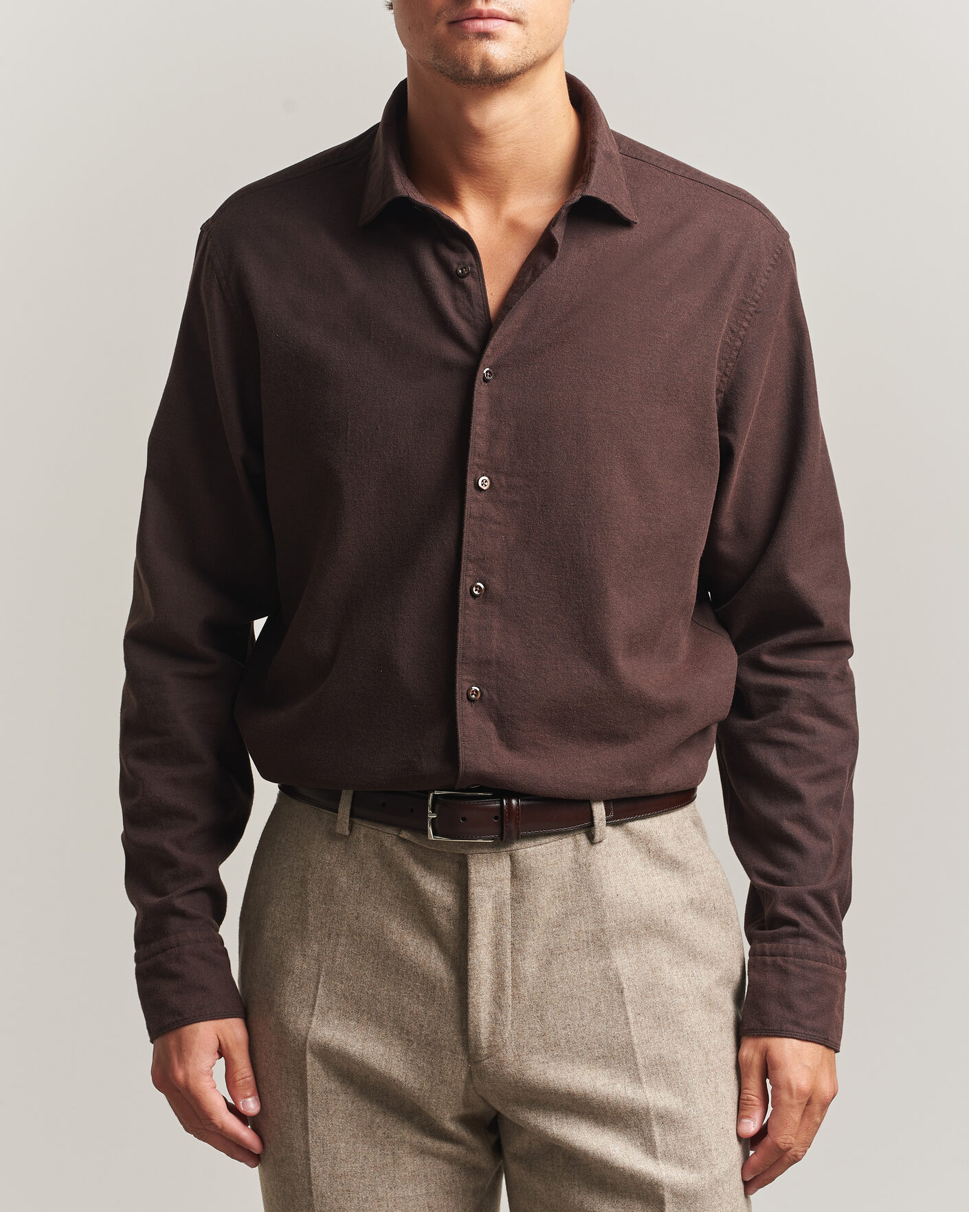 Hombres | Camisas | Stenströms | Regular Fit Cut Away Flannel Shirt Brown