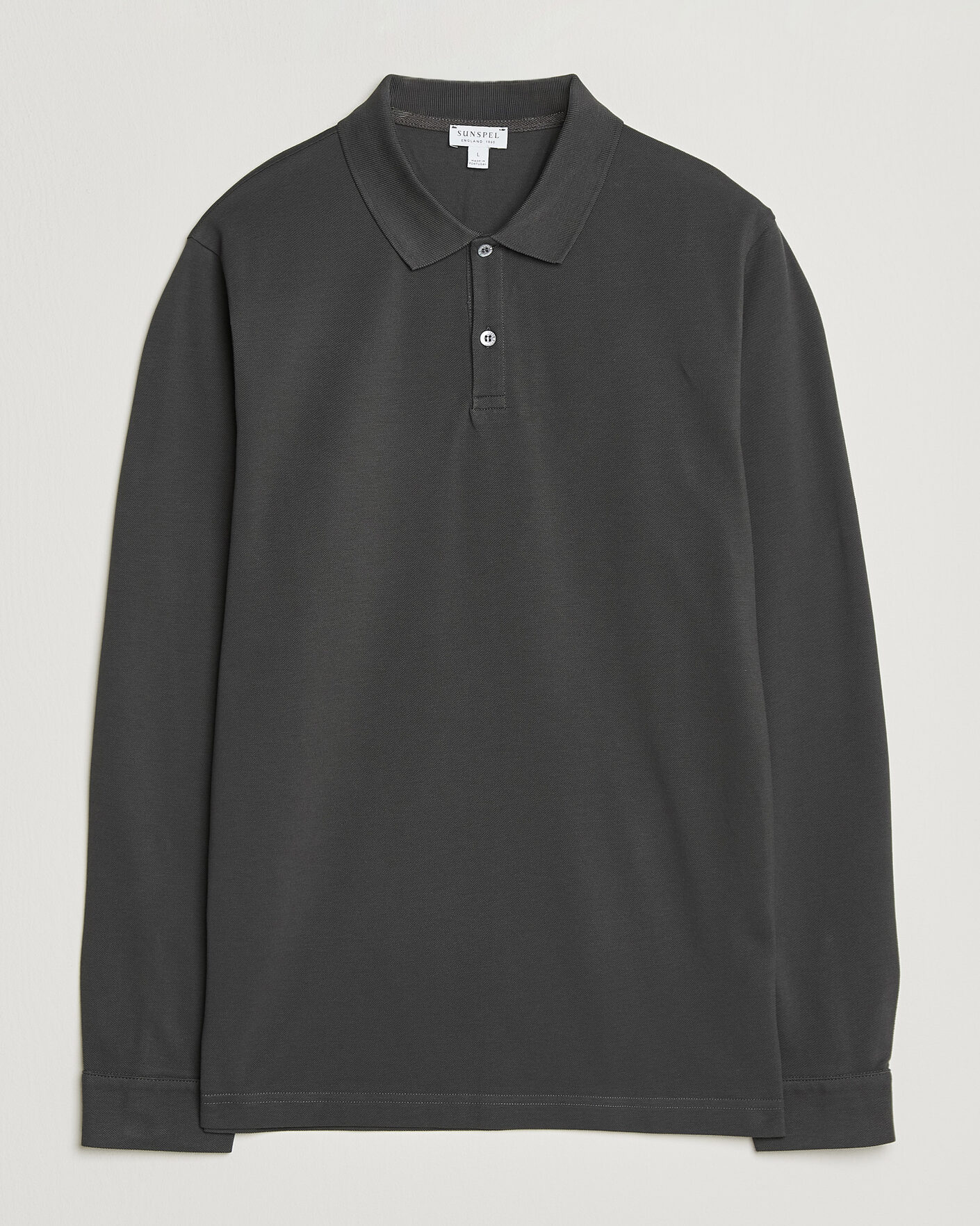 Hombres | Polos | Sunspel | Supima Cotton Long Sleeve Pique Polo Anthracite