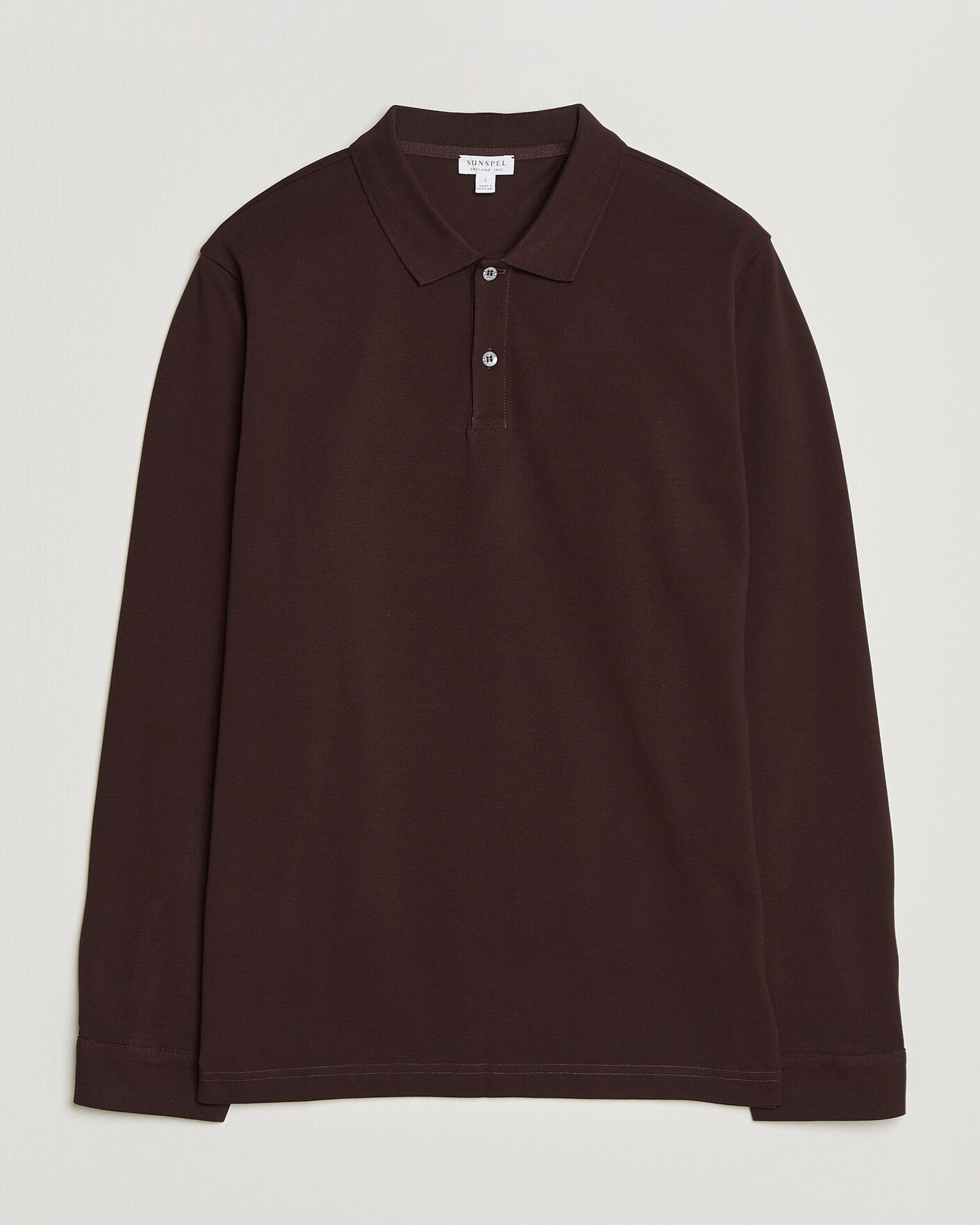 Hombres | Polos | Sunspel | Supima Cotton Long Sleeve Pique Polo Dark Brown