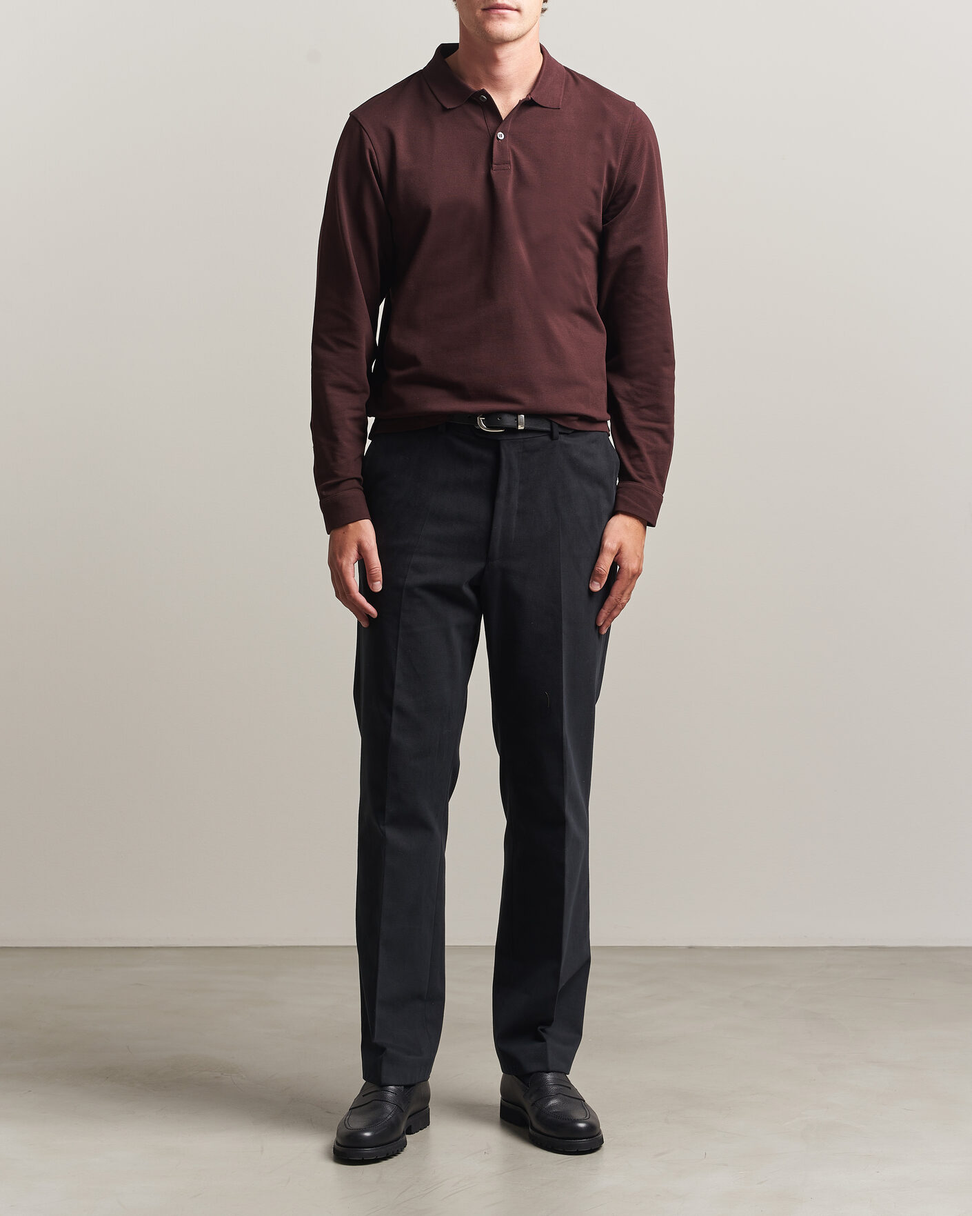 Hombres | Polos | Sunspel | Supima Cotton Long Sleeve Pique Polo Dark Brown