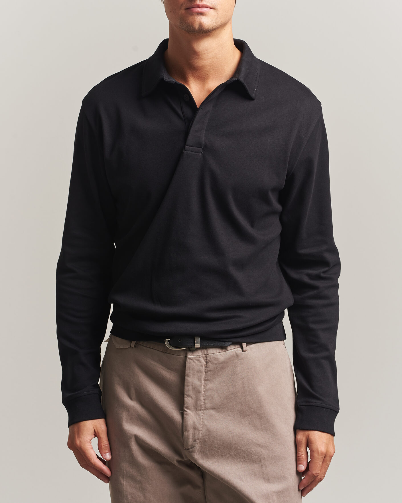 Hombres | Polos | Sunspel | Heavy Weight Supima Cotton Long Sleeve Polo Black