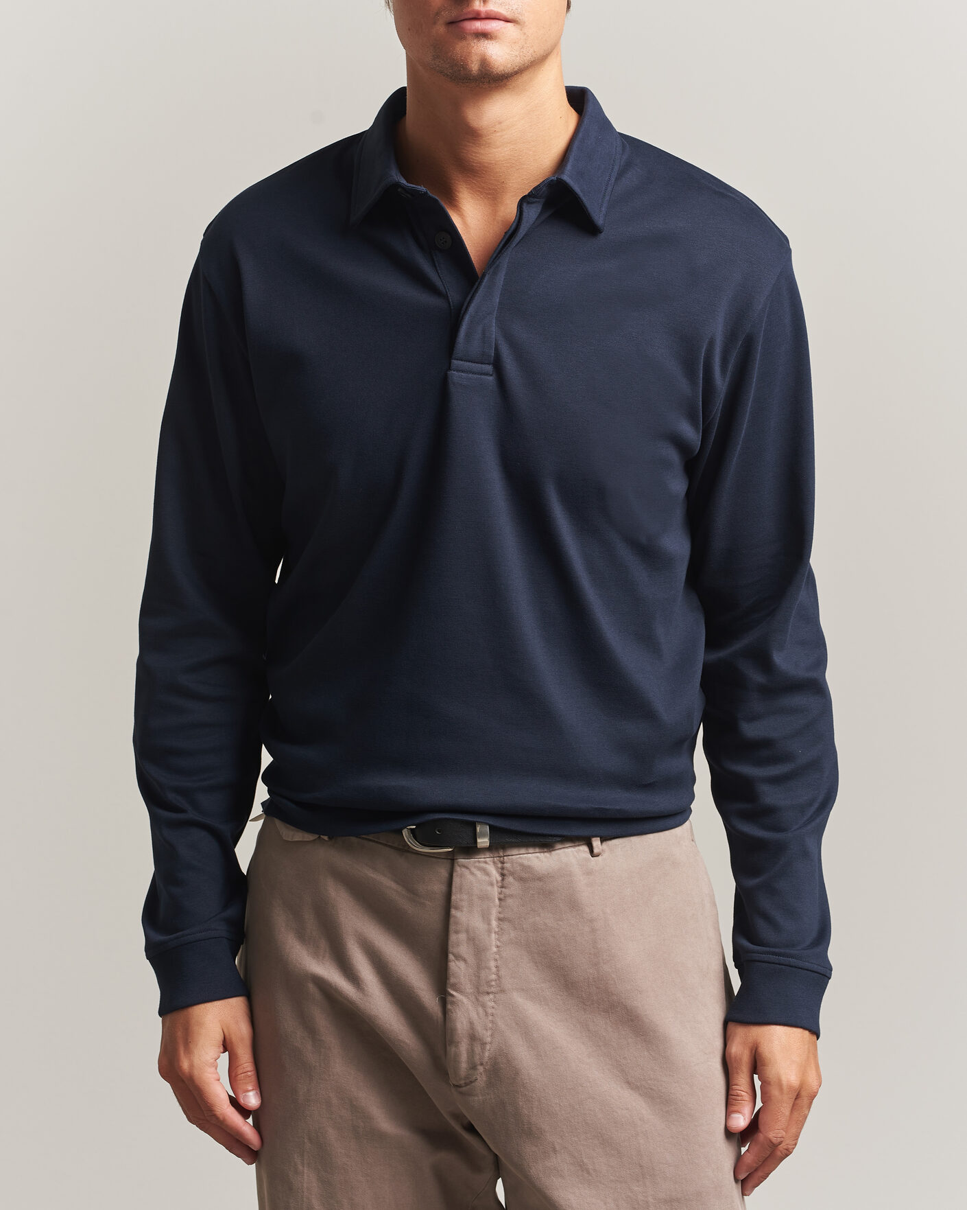 Hombres | Polos | Sunspel | Heavy Weight Supima Cotton Long Sleeve Polo Navy
