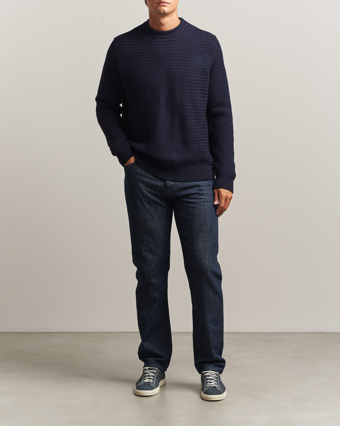 Hombres | Jerséis y prendas de punto | Sunspel | Merino Basketweave Stitch Jumper Navy