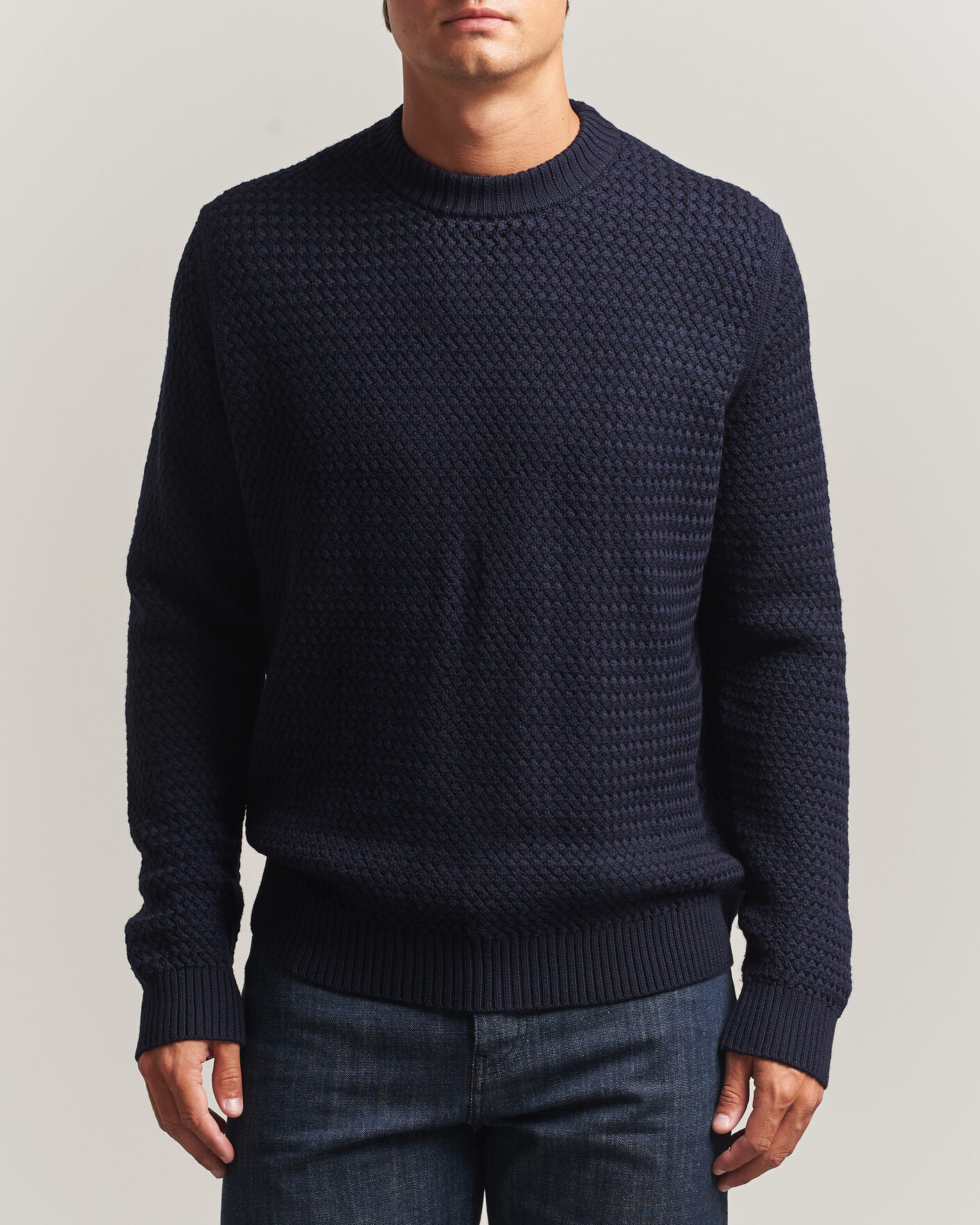 Hombres | Jerséis y prendas de punto | Sunspel | Merino Basketweave Stitch Jumper Navy