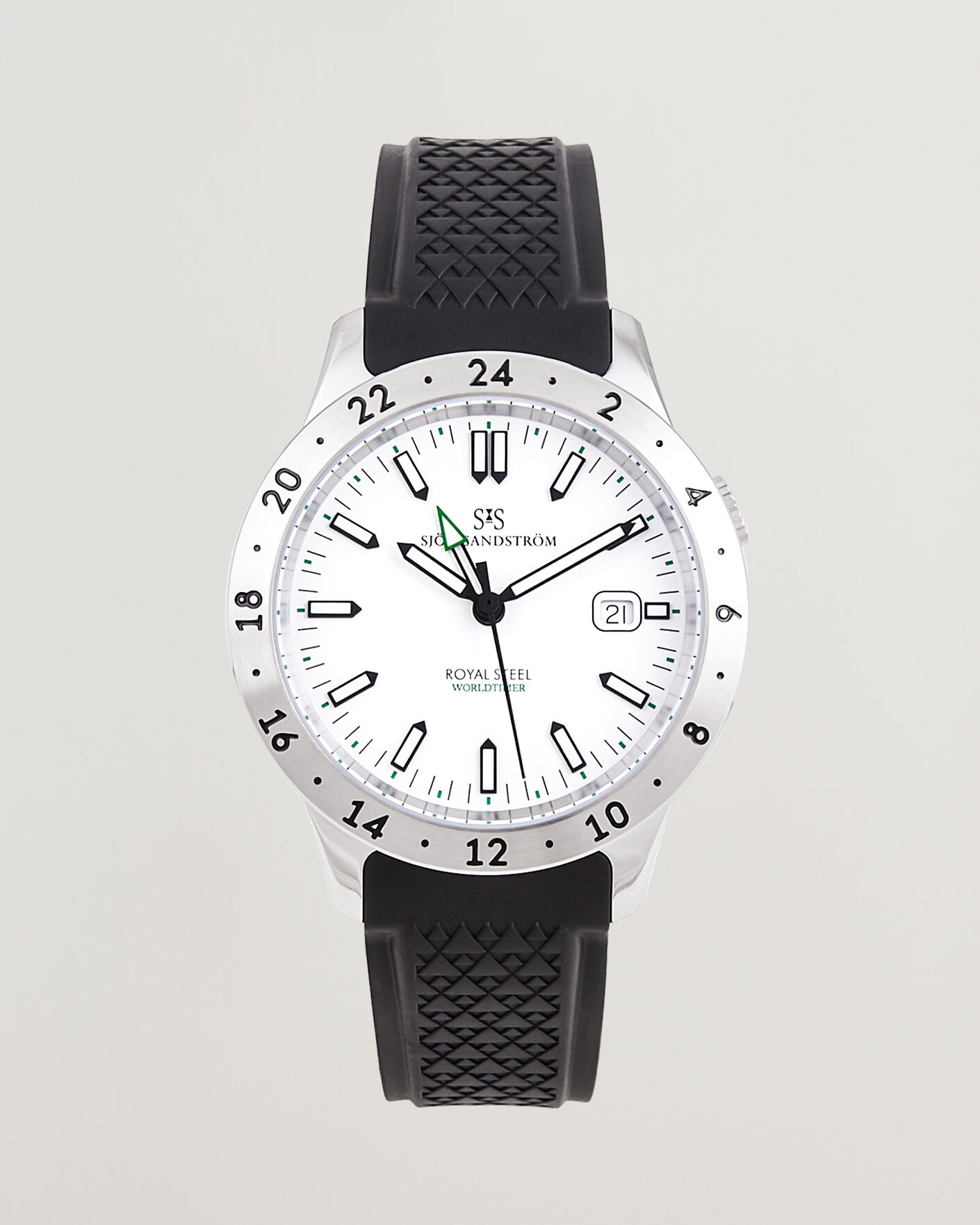 Hombres | Sjöö Sandström Royal Steel Worldtimer 41mm Black Rubber White Dial | Sjöö Sandström | Royal Steel Worldtimer 41mm Black Rubber White Dial