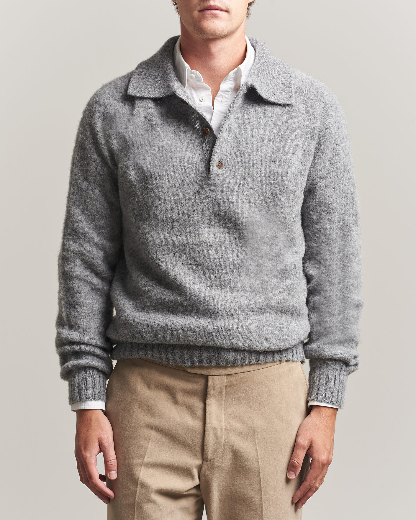 Hombres | Jerséis y prendas de punto | Harley Of Scotland | Brushed Supersoft Lambswool Polo Mid Grey