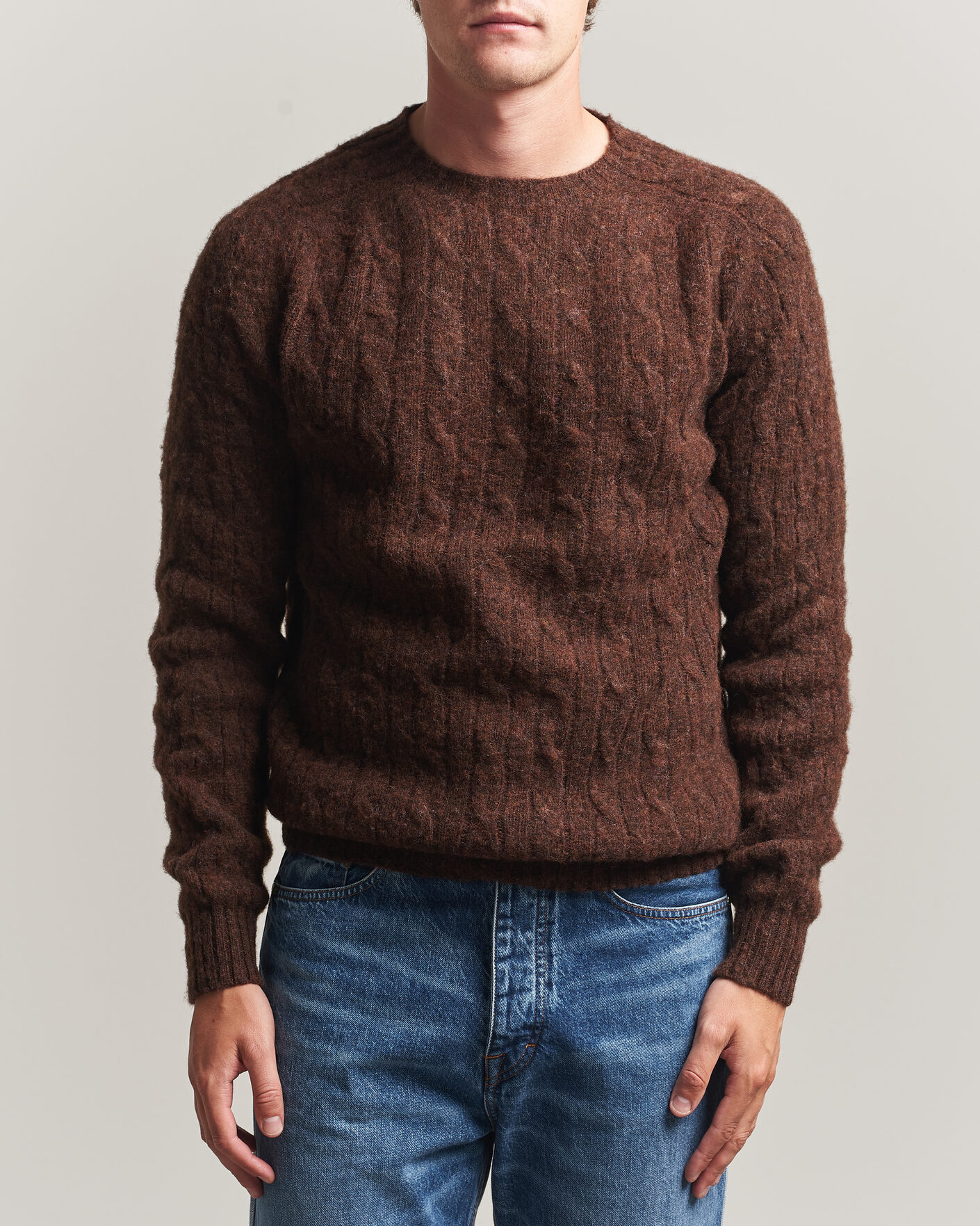 Hombres | Jerséis y prendas de punto | Harley Of Scotland | Brushed Supersoft Lambswool Cable Marron